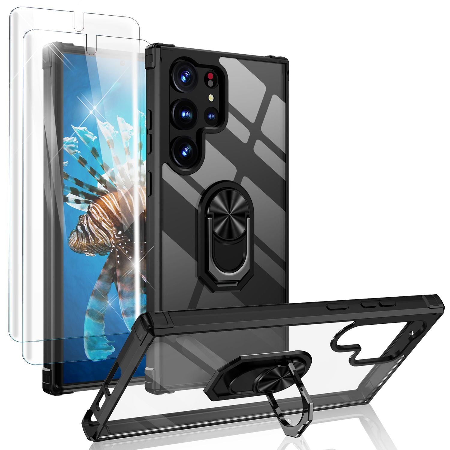 Klare Ring Hülle für Samsung Galaxy S23 Ultra, 2x Displayschutz Folie, Schwarz