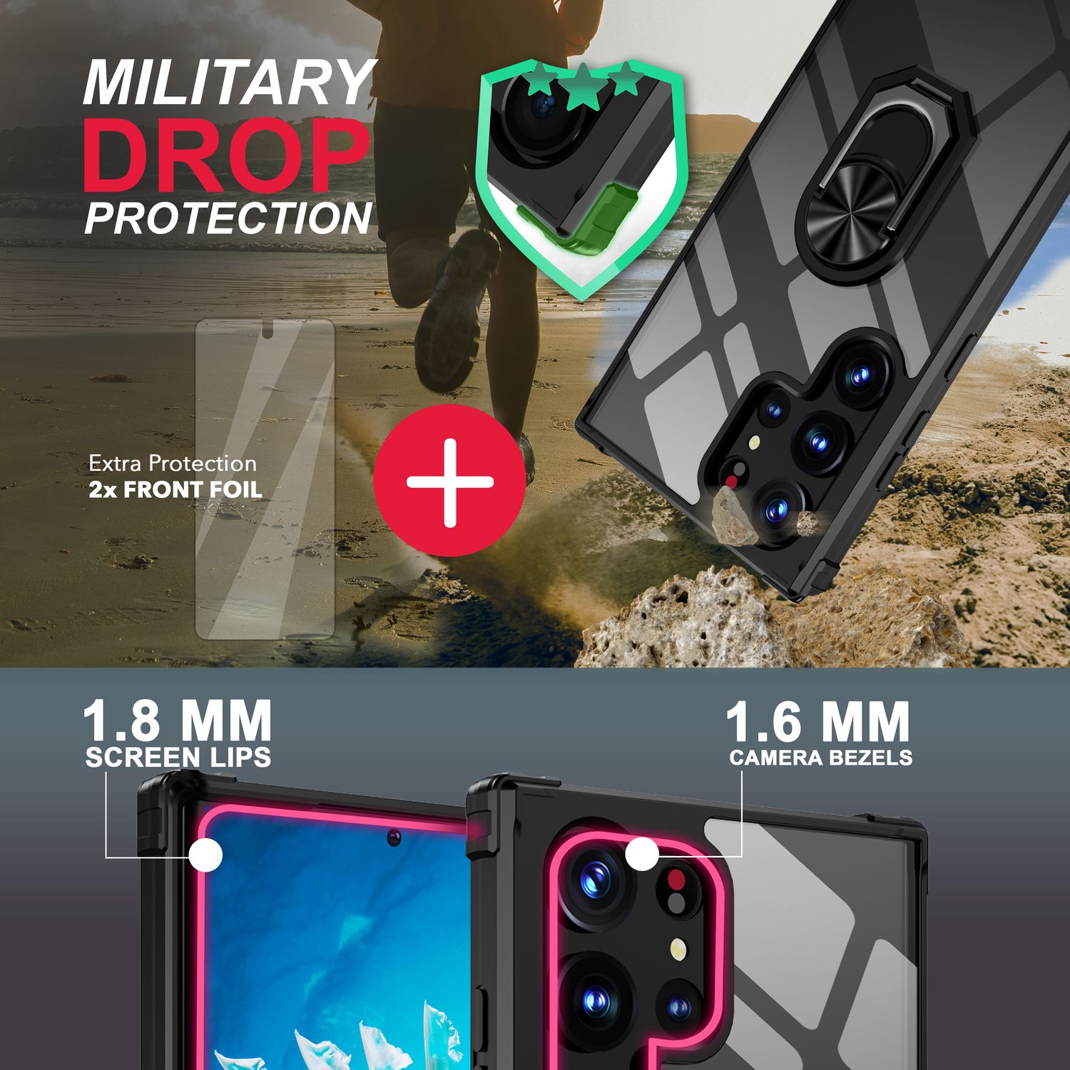 Klare Ring Hülle für Samsung Galaxy S23 Ultra, 2x Displayschutz Folie, Schwarz Default Title NALIA Protective Hülle