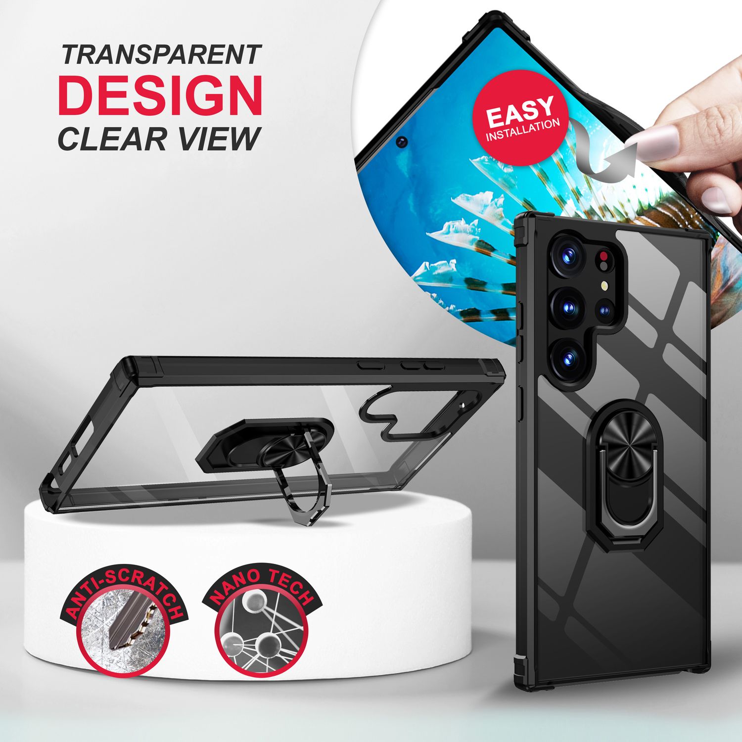 Klare Ring Hülle für Samsung Galaxy S23 Ultra, 2x Displayschutz Folie, Schwarz Default Title NALIA Protective Hülle