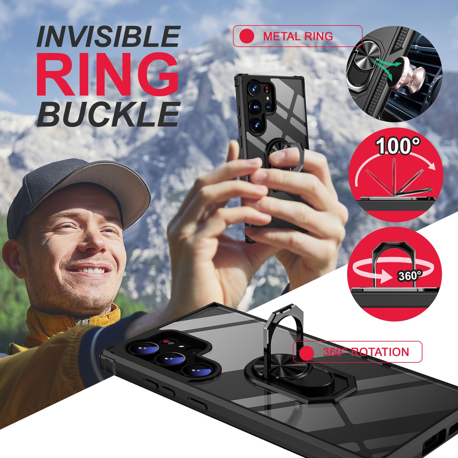 Klare Ring Hülle für Samsung Galaxy S23 Ultra, 2x Displayschutz Folie, Schwarz Default Title NALIA Protective Hülle