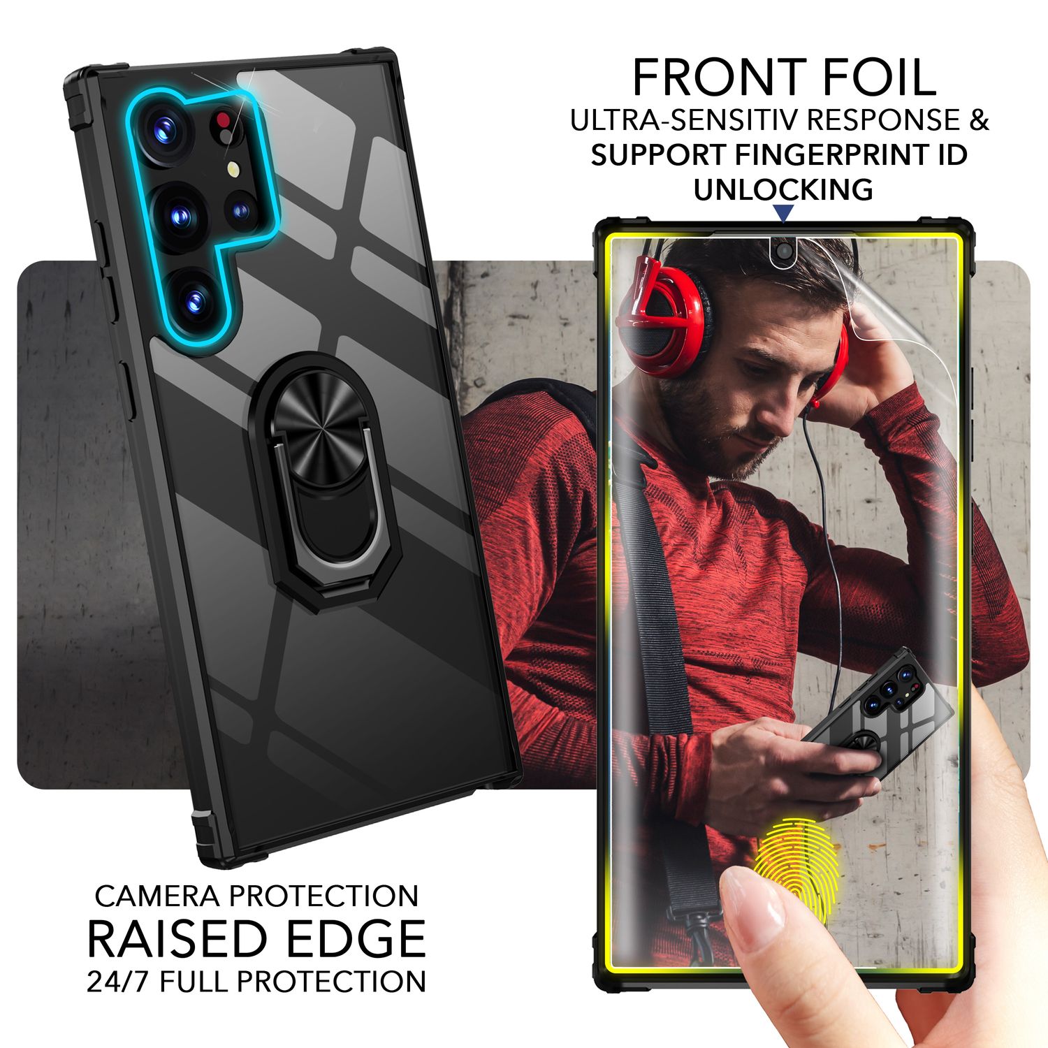 Klare Ring Hülle für Samsung Galaxy S23 Ultra, 2x Displayschutz Folie, Schwarz Default Title NALIA Protective Hülle