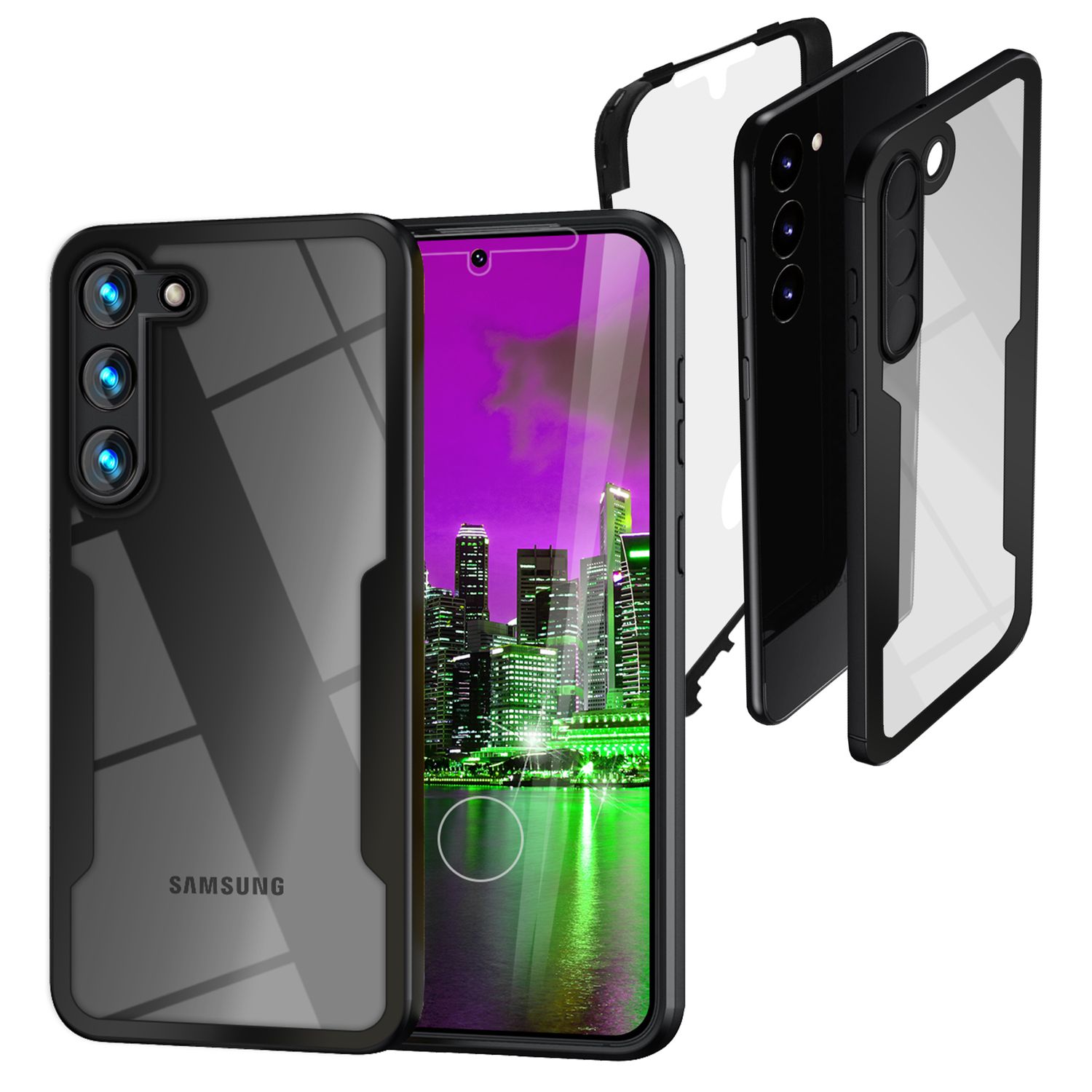 Klare 360 Grad Hybrid Hülle für Samsung Galaxy S23 Plus, Full-Body Case, Schwarz