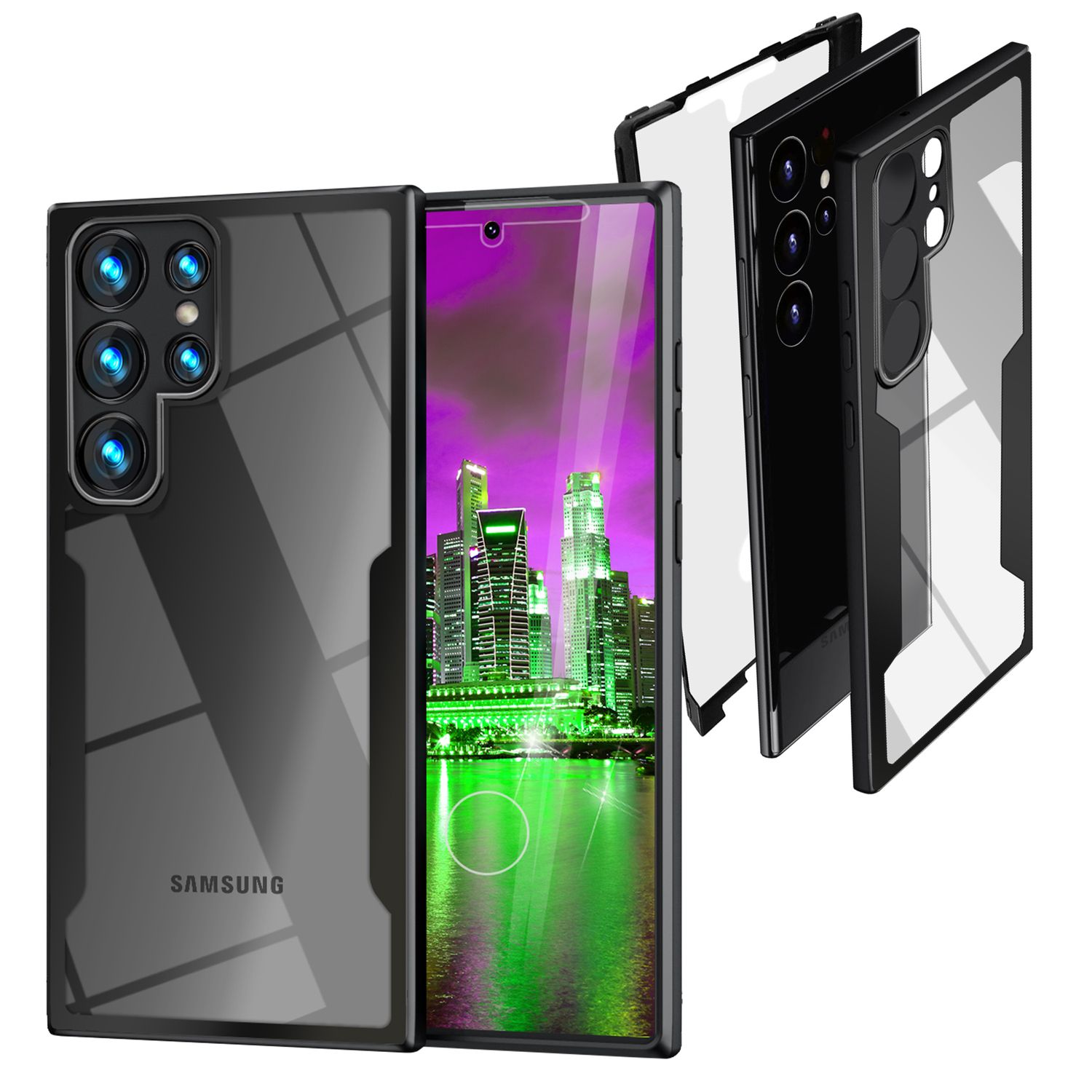 Klare 360 Grad Hybrid Hülle für Samsung Galaxy S23 Ultra, Schutz-Rahmen Schwarz