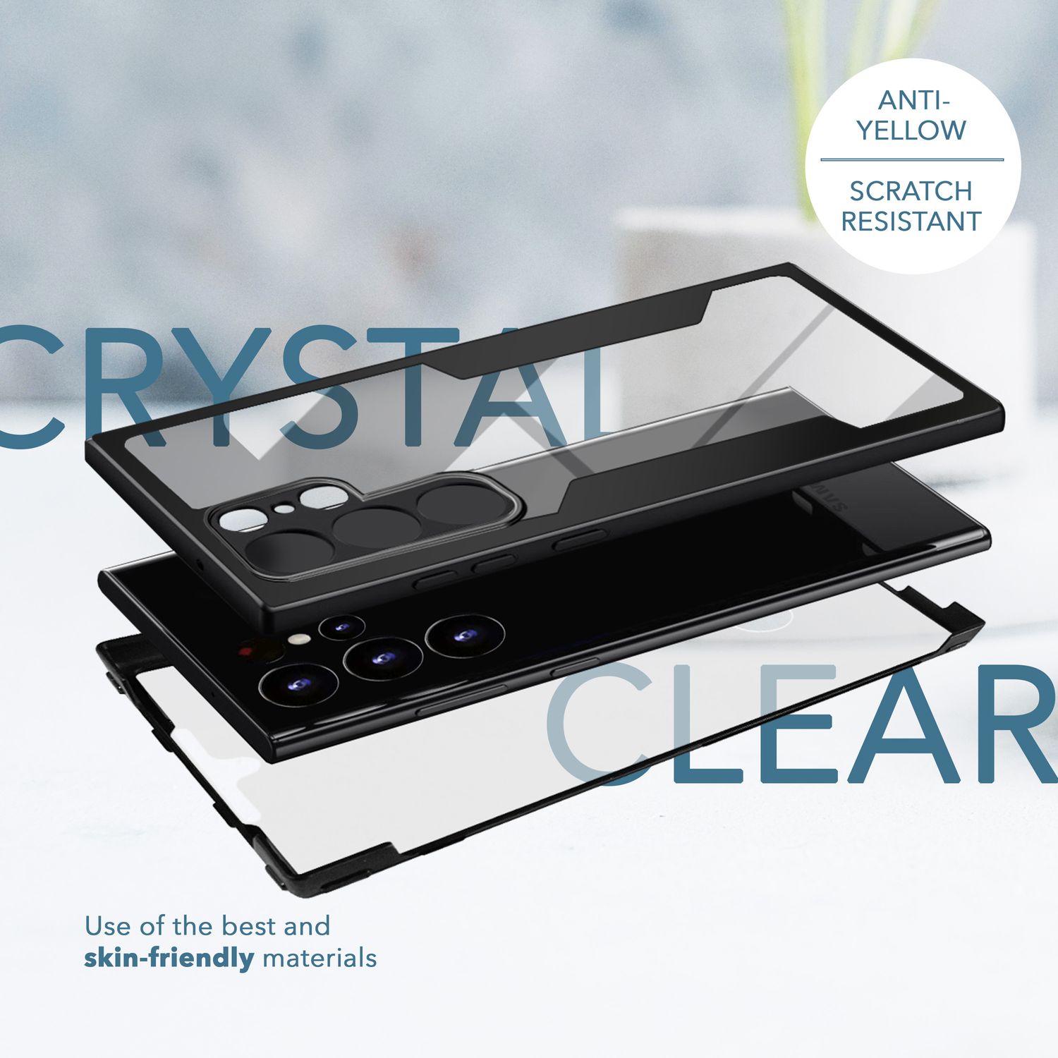 Klare 360 Grad Hybrid Hülle für Samsung Galaxy S23 Ultra, Schutz-Rahmen Schwarz