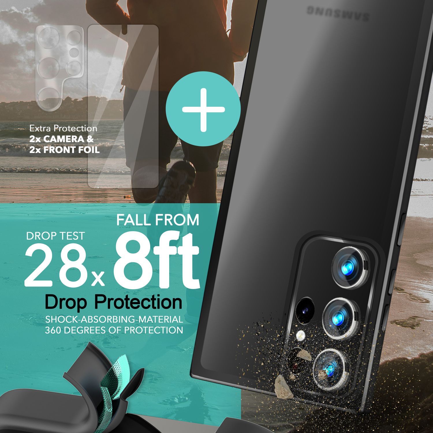 Hybrid Hülle für Samsung Galaxy S23 Ultra, 2x Display- & Kameraschutz