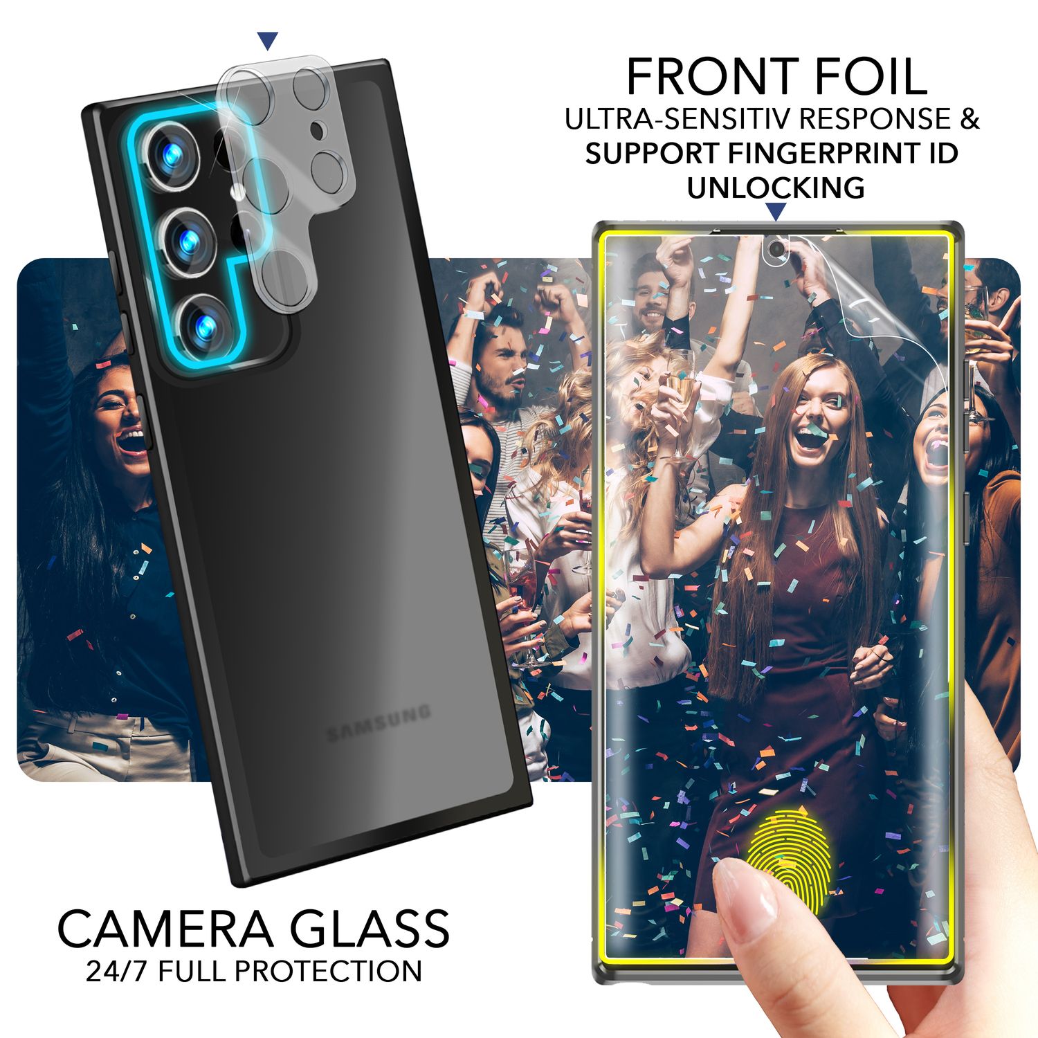 Hybrid Hülle für Samsung Galaxy S23 Ultra, 2x Display- & Kameraschutz