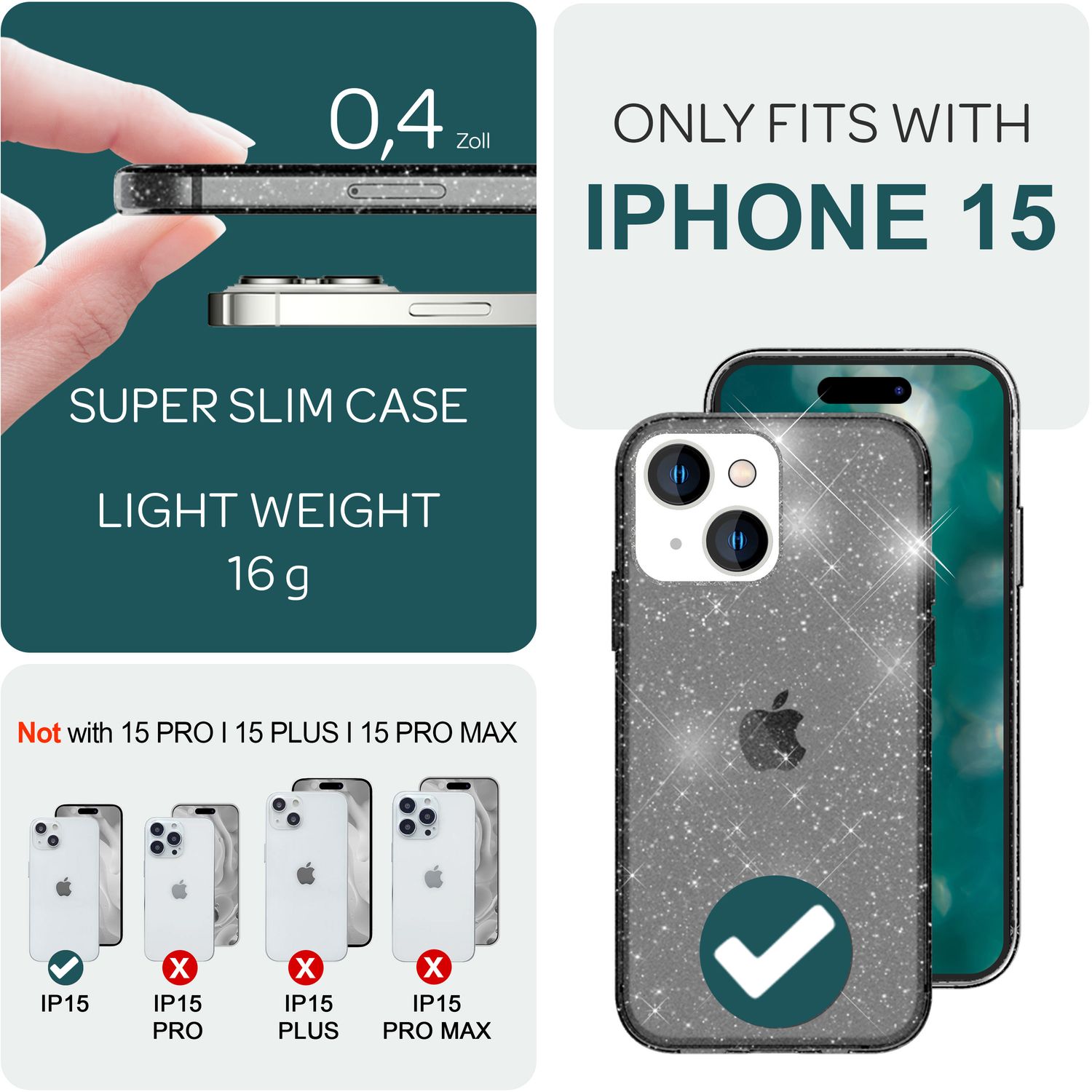 Glitzer Hülle für iPhone 15 Bling Case Klar Silikon Handyhülle Schutz Tasche TPU