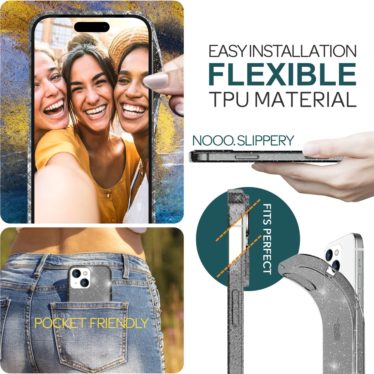 Glitzer Hülle für iPhone 15 Bling Case Klar Silikon Handyhülle Schutz Tasche TPU