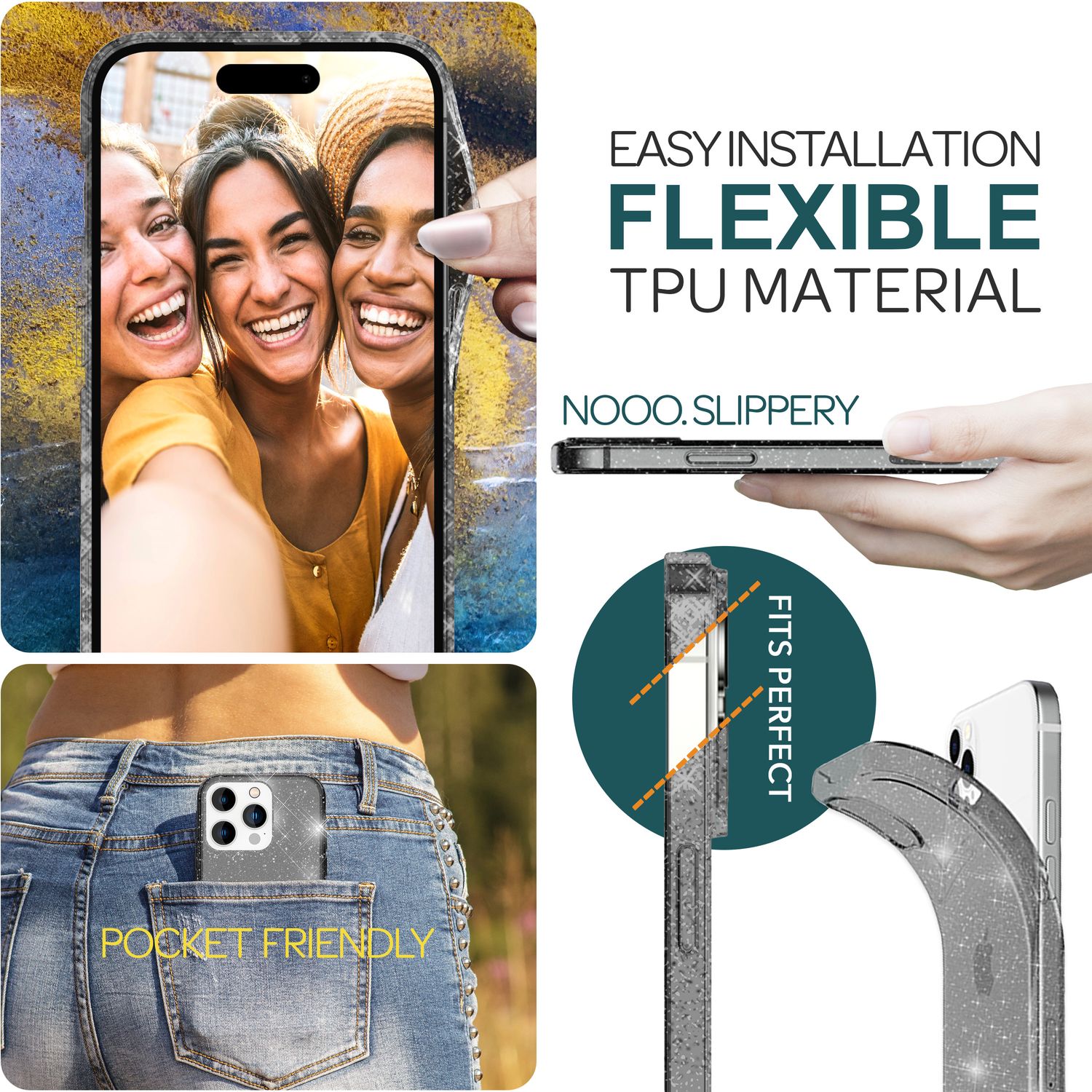 Glitzer Hülle für iPhone 15 Pro Bling Case Klar Silikon Handyhülle Schutz Tasche