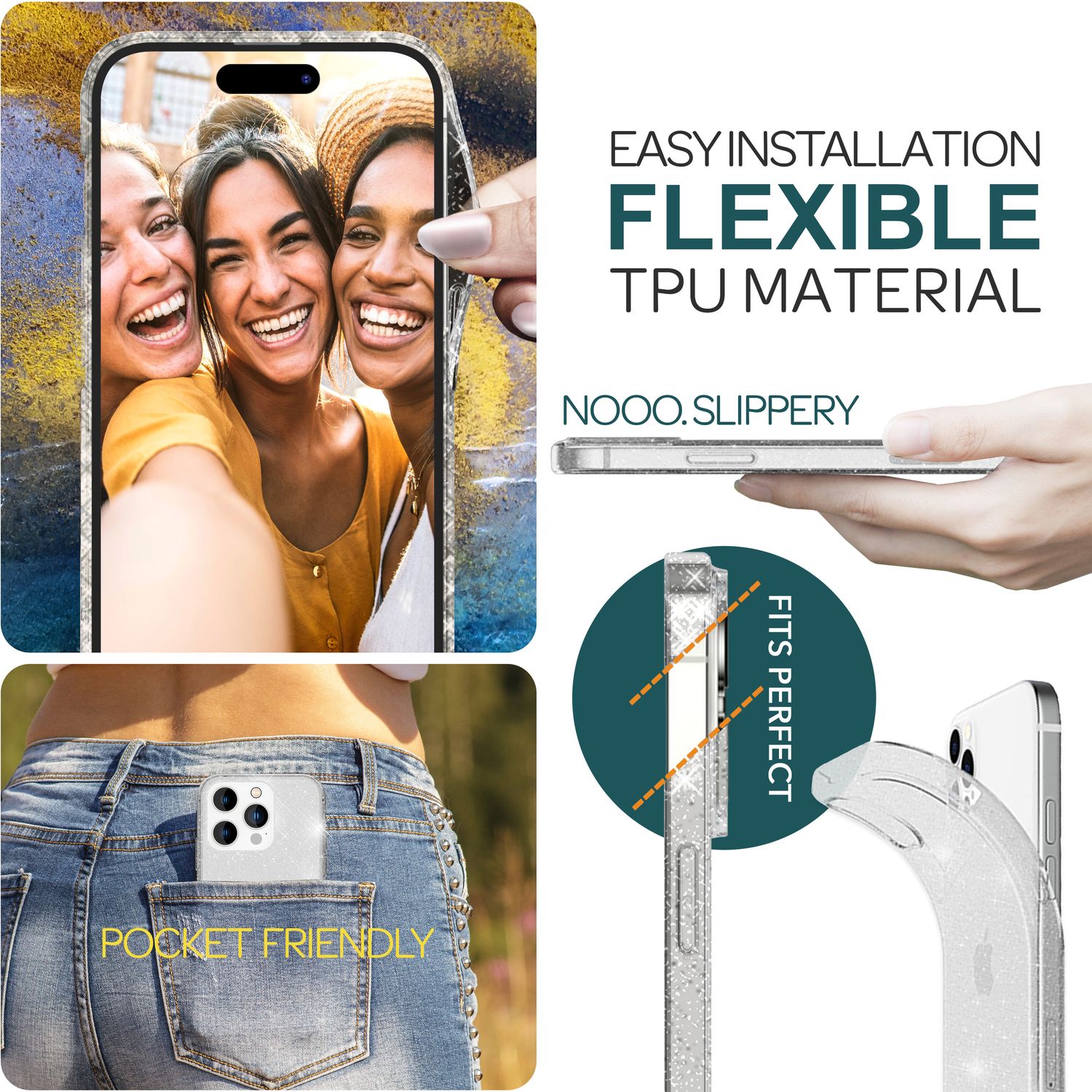 Glitzer Hülle für iPhone 15 Pro Max Bling Case Klar Silikon Handyhülle Tasche