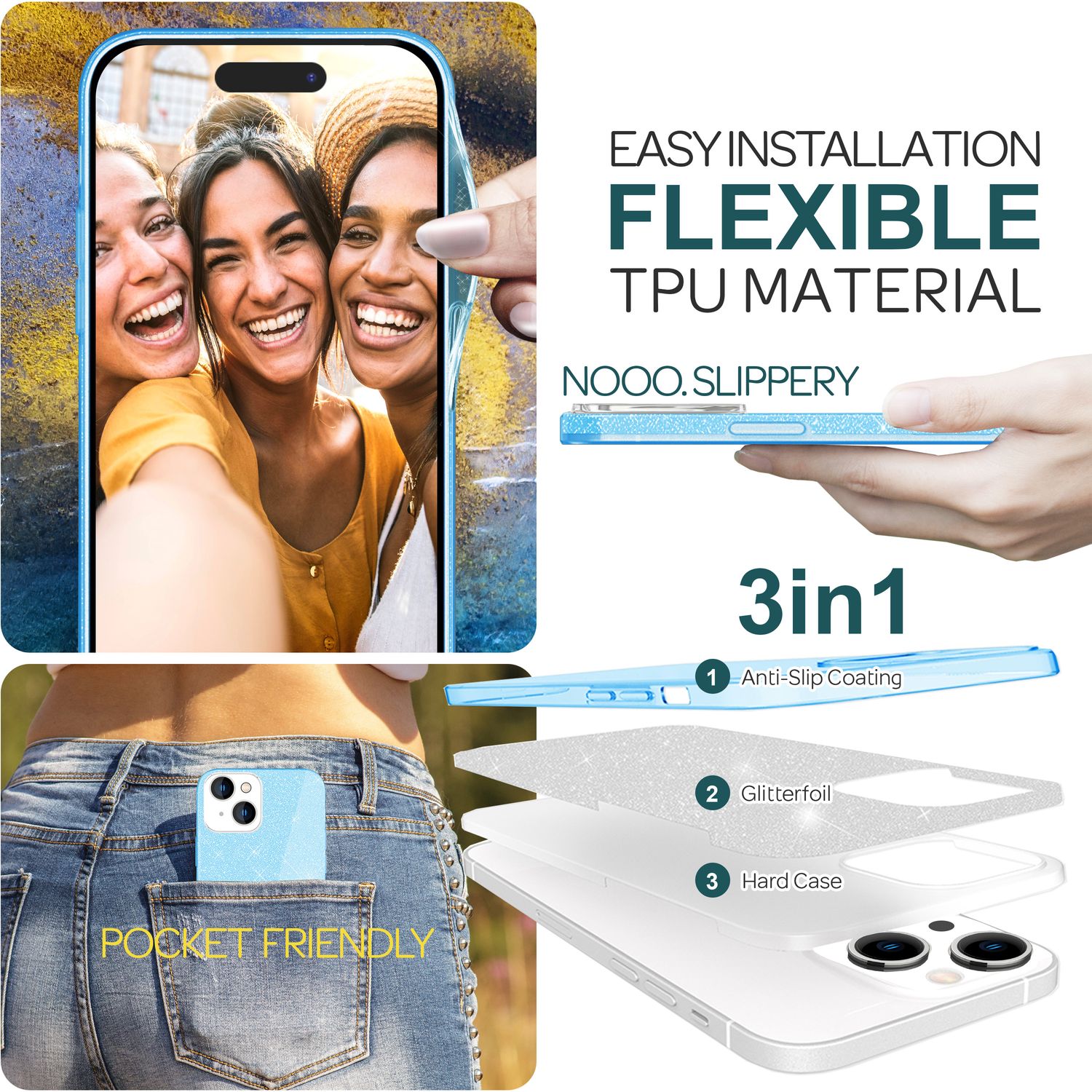 Glitzer Hülle für iPhone 15 Hybrid Bling Case Silikon Handyhülle Schutz Tasche