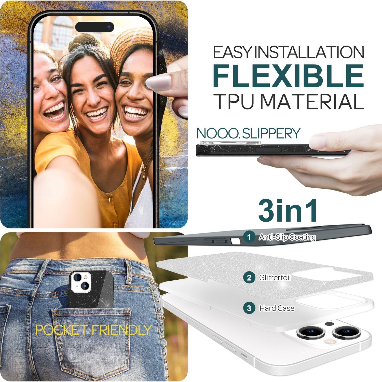 Glitzer Hülle für iPhone 15 Hybrid Bling Case Silikon Handyhülle Schutz Tasche