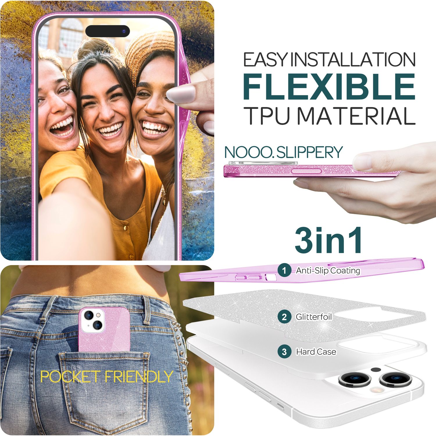 Glitzer Hülle für iPhone 15 Plus Hybrid Bling Case Silikon Handyhülle Tasche TPU