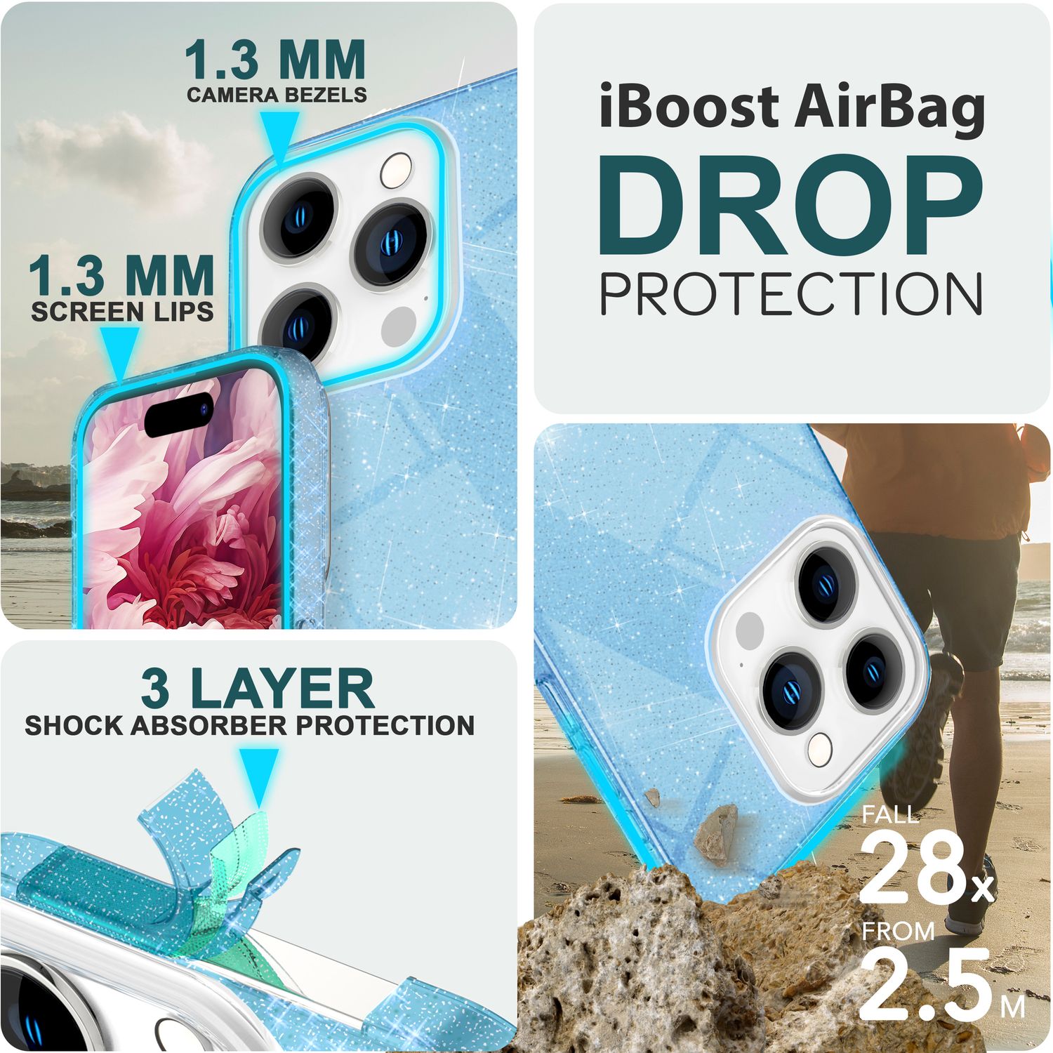 Glitzer Hülle für iPhone 15 Pro Max Hybrid Bling Case Silikon Handyhülle Tasche Blau NALIA Protective Hülle