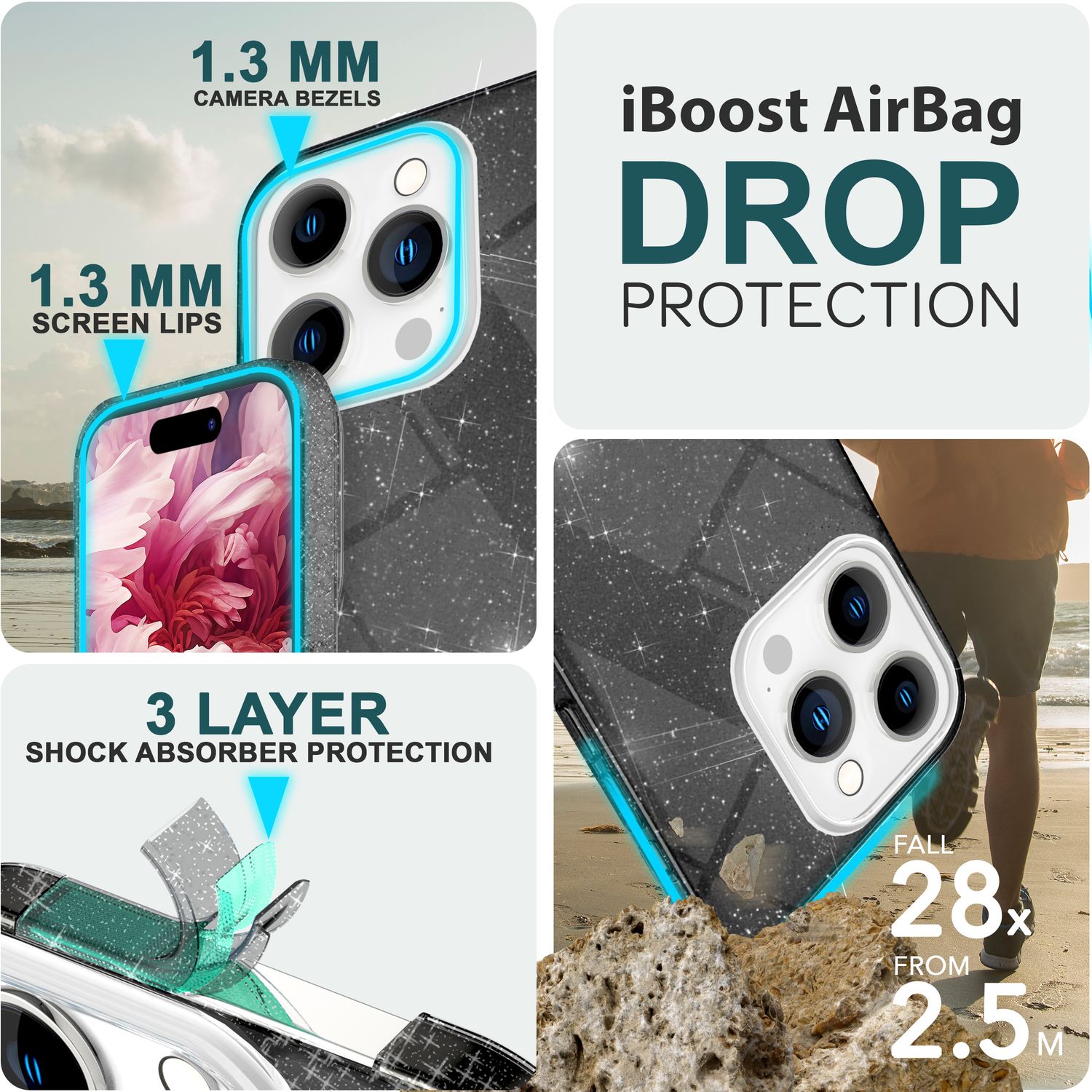 Glitzer Hülle für iPhone 15 Pro Max Hybrid Bling Case Silikon Handyhülle Tasche Schwarz NALIA Protective Hülle