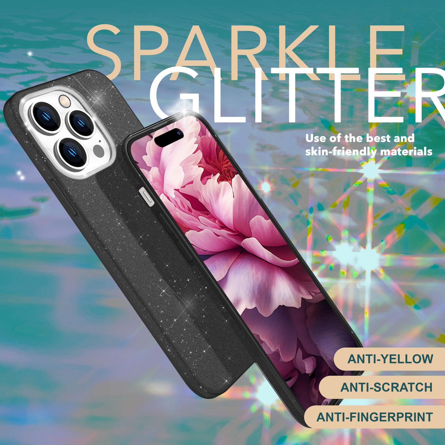 Glitzer Hülle für iPhone 15 Pro Max Hybrid Bling Case Silikon Handyhülle Tasche Schwarz NALIA Protective Hülle