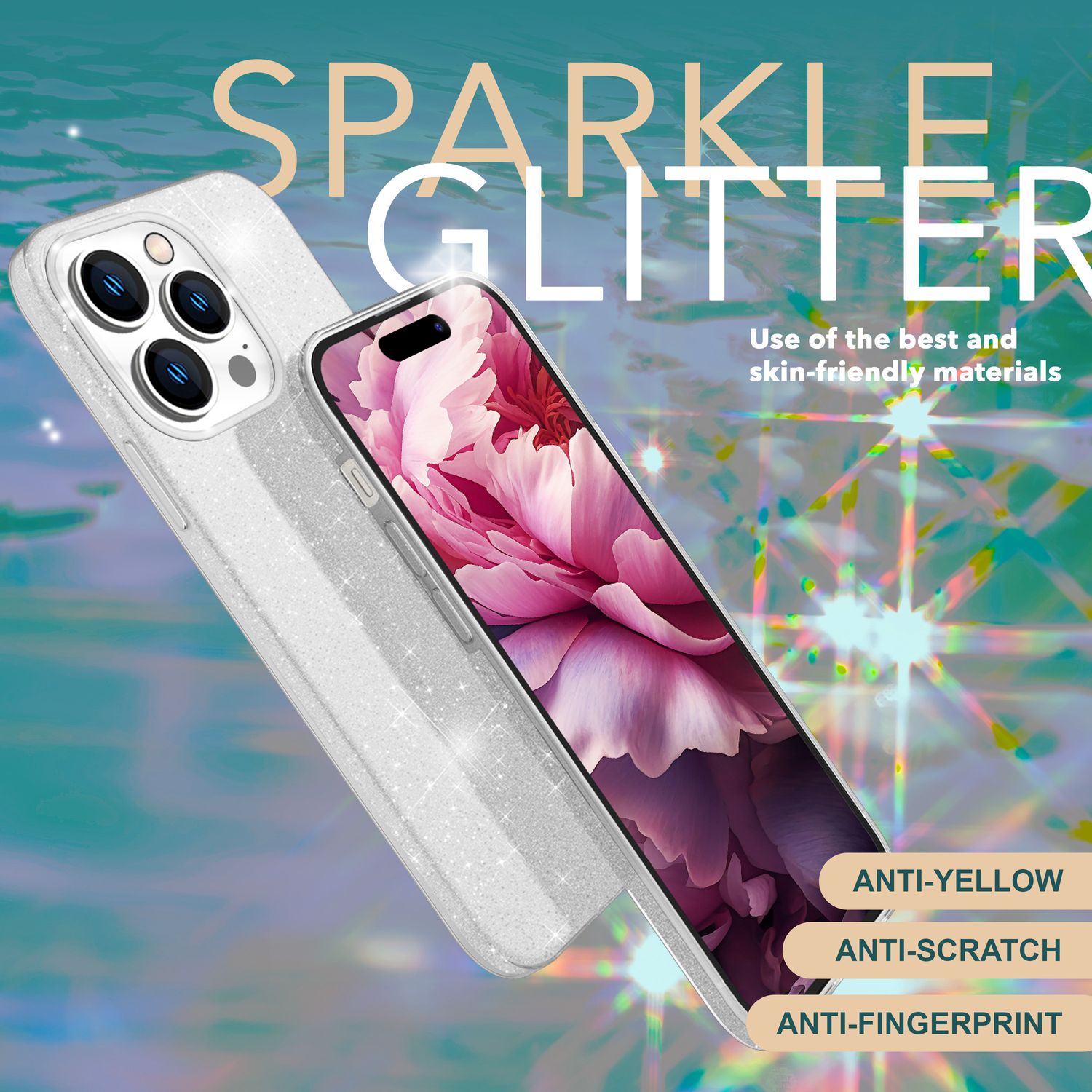 Glitzer Hülle für iPhone 15 Pro Max Hybrid Bling Case Silikon Handyhülle Tasche Silber NALIA Protective Hülle