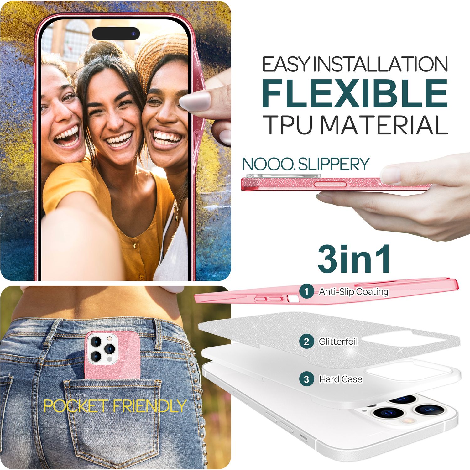 Glitzer Hülle für iPhone 15 Pro Max Hybrid Bling Case Silikon Handyhülle Tasche Pink NALIA Protective Hülle