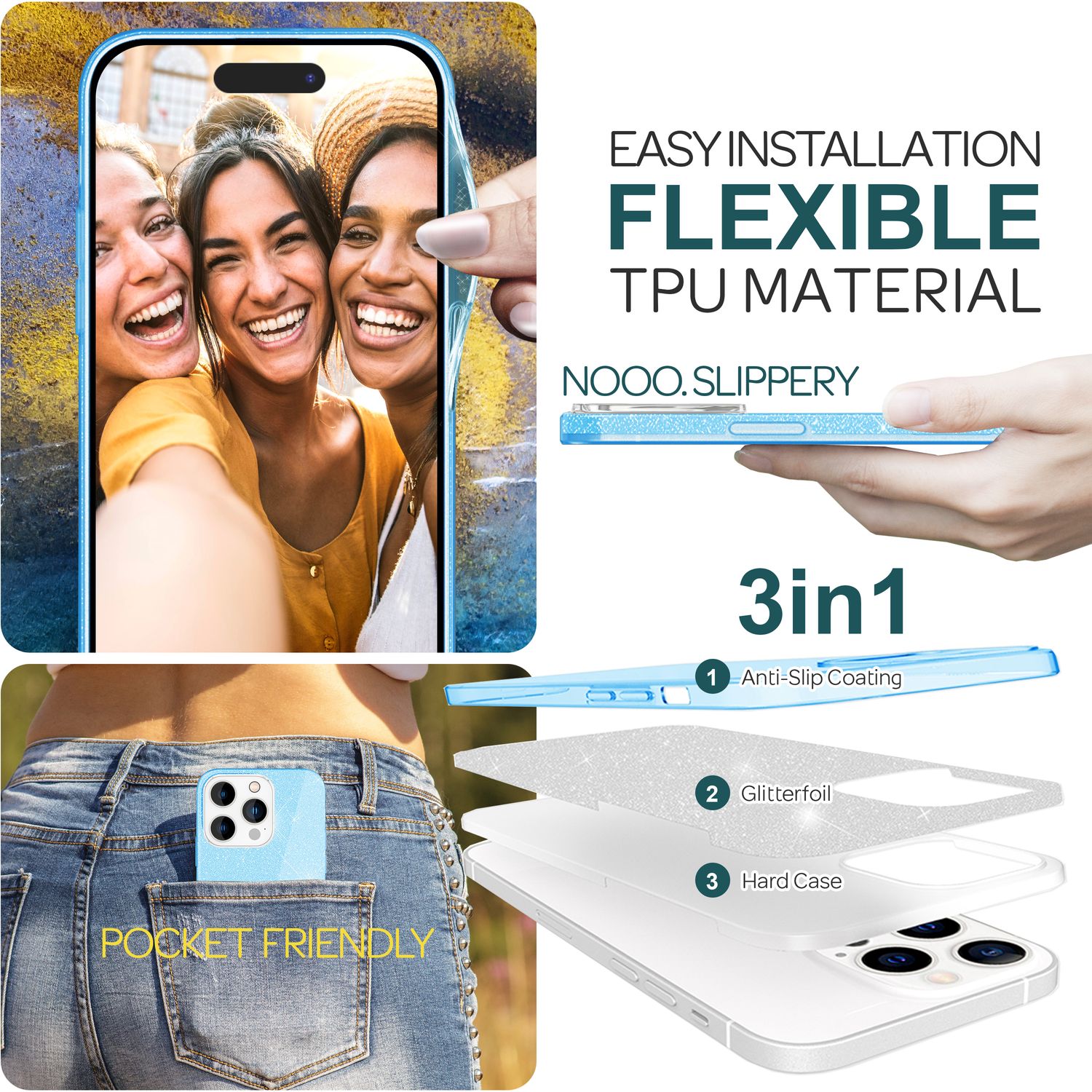 Glitzer Hülle für iPhone 15 Pro Max Hybrid Bling Case Silikon Handyhülle Tasche Blau NALIA Protective Hülle