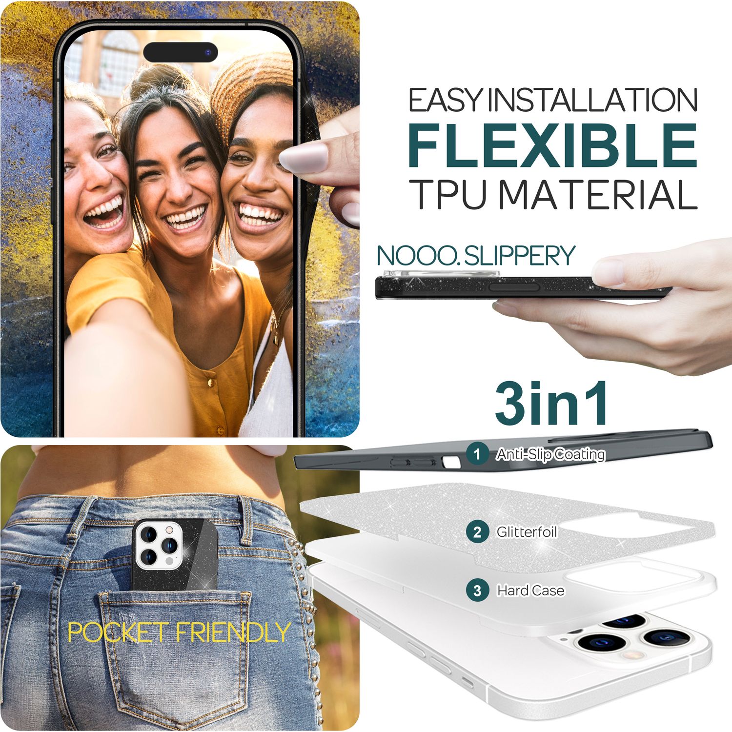 Glitzer Hülle für iPhone 15 Pro Max Hybrid Bling Case Silikon Handyhülle Tasche Schwarz NALIA Protective Hülle