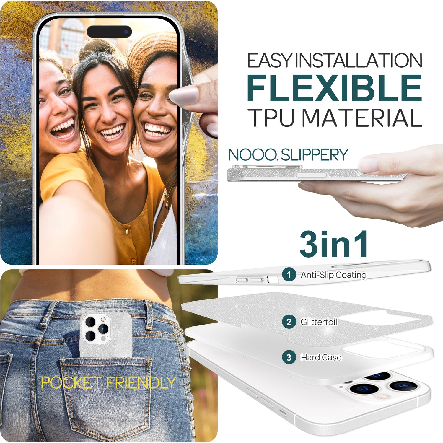 Glitzer Hülle für iPhone 15 Pro Max Hybrid Bling Case Silikon Handyhülle Tasche Silber NALIA Protective Hülle