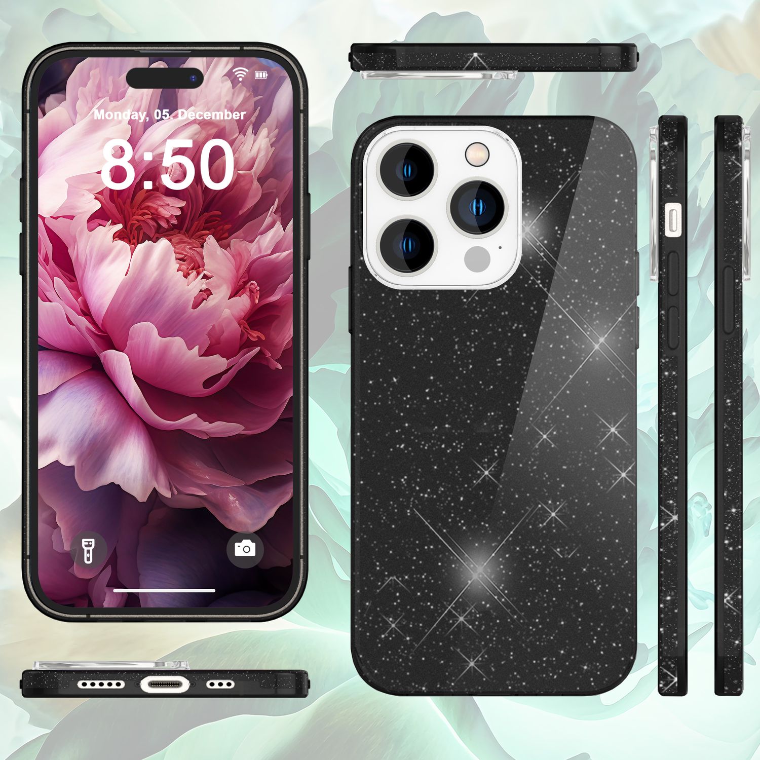 Glitzer Hülle für iPhone 15 Pro Max Hybrid Bling Case Silikon Handyhülle Tasche Schwarz NALIA Protective Hülle