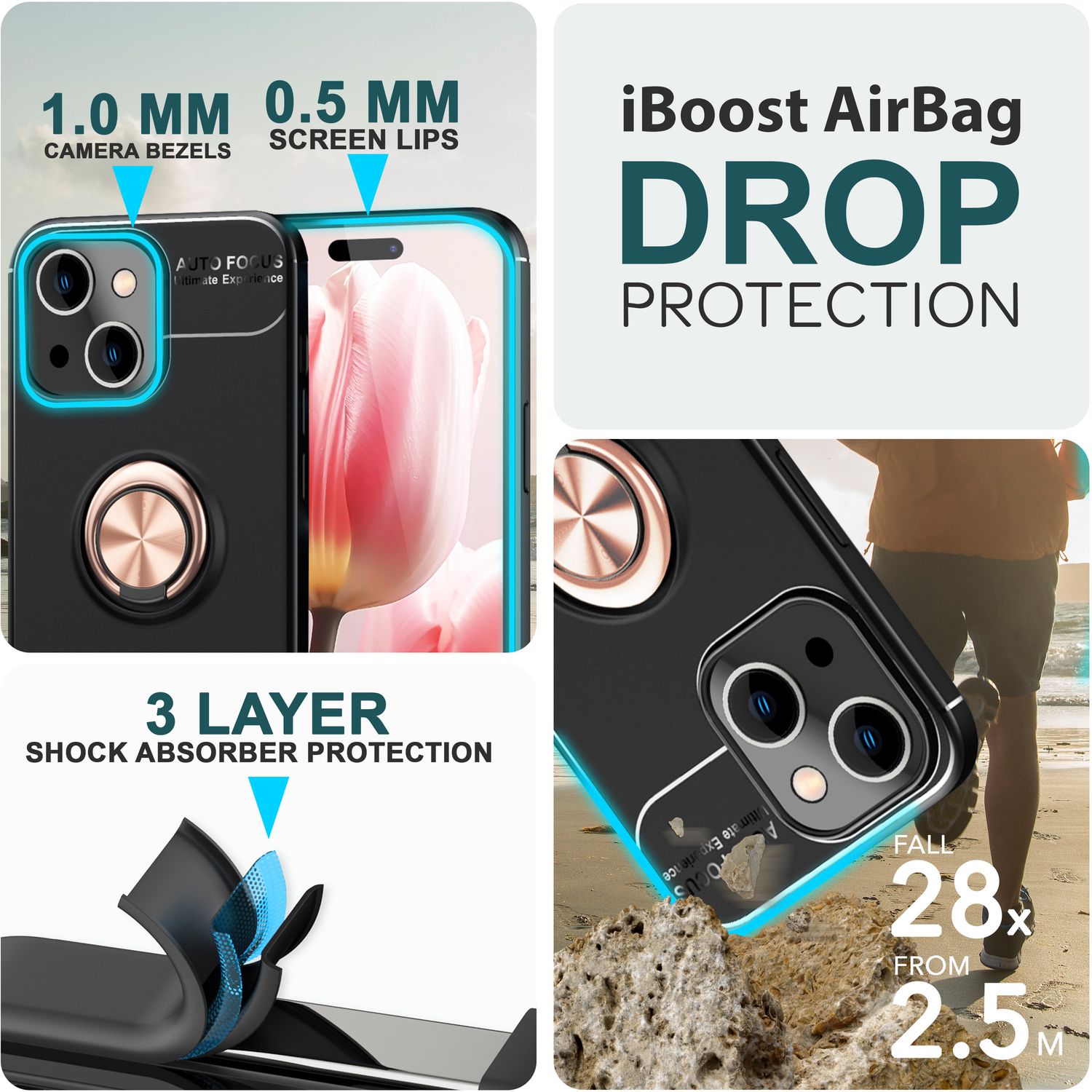 Hülle mit Ring für iPhone 15 Silikon Handyhülle Matt Case Schutz Cover Ringhülle Rose Gold NALIA Protective Hülle