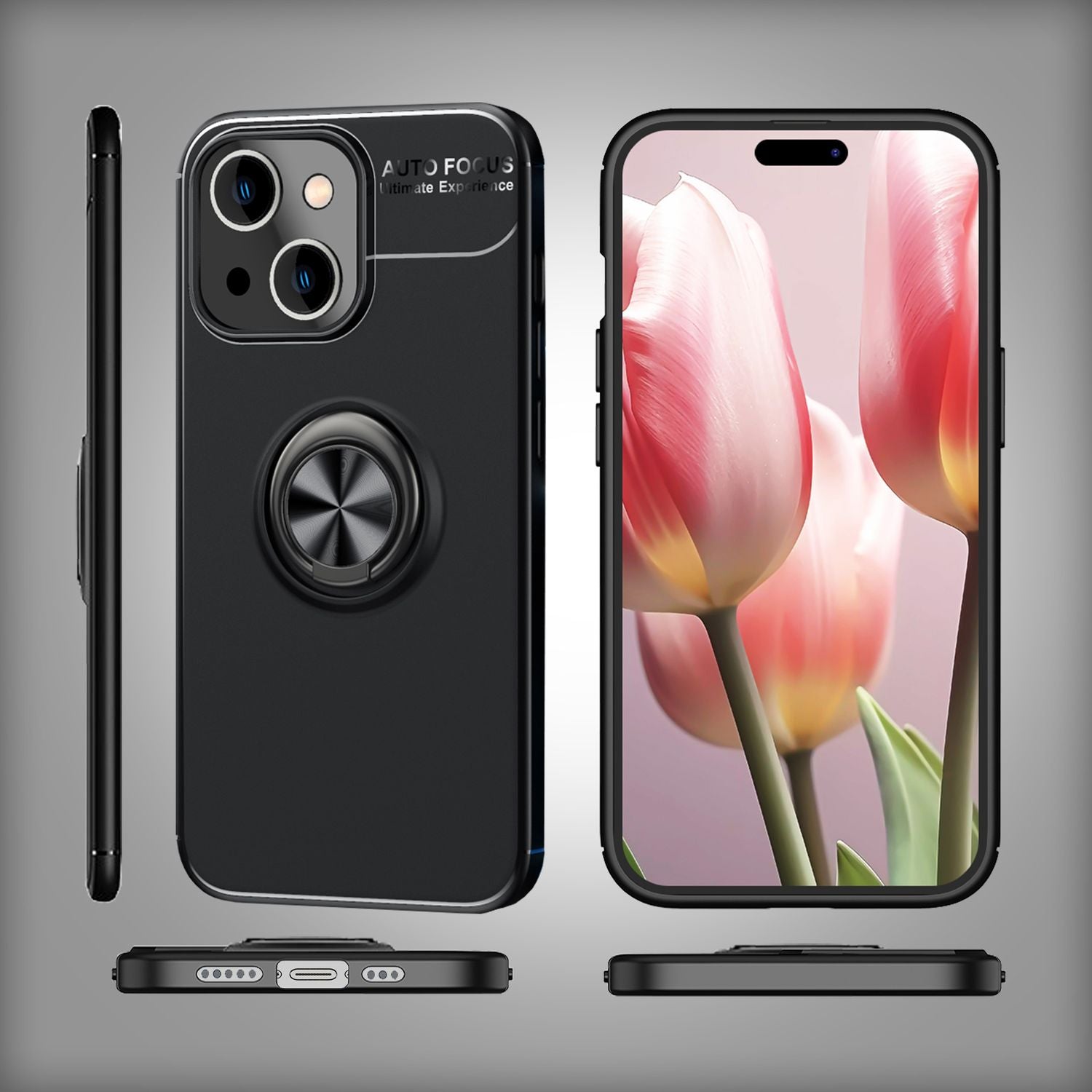 Hülle mit Ring für iPhone 15 Silikon Handyhülle Matt Case Schutz Cover Ringhülle Schwarz NALIA Protective Hülle