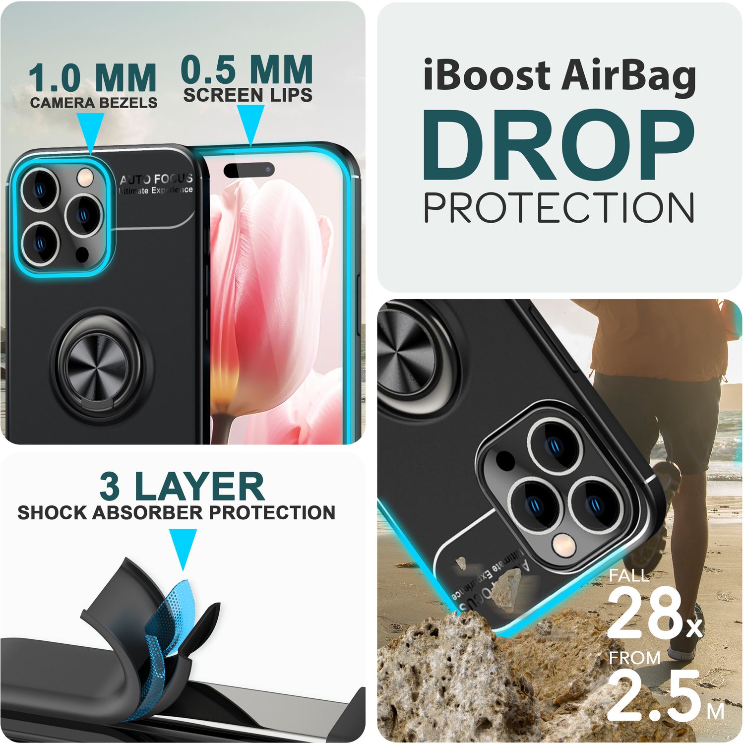 Hülle mit Ring für iPhone 15 Pro Silikon Handyhülle Case Schutz Cover Ringhülle Schwarz NALIA Protective Hülle