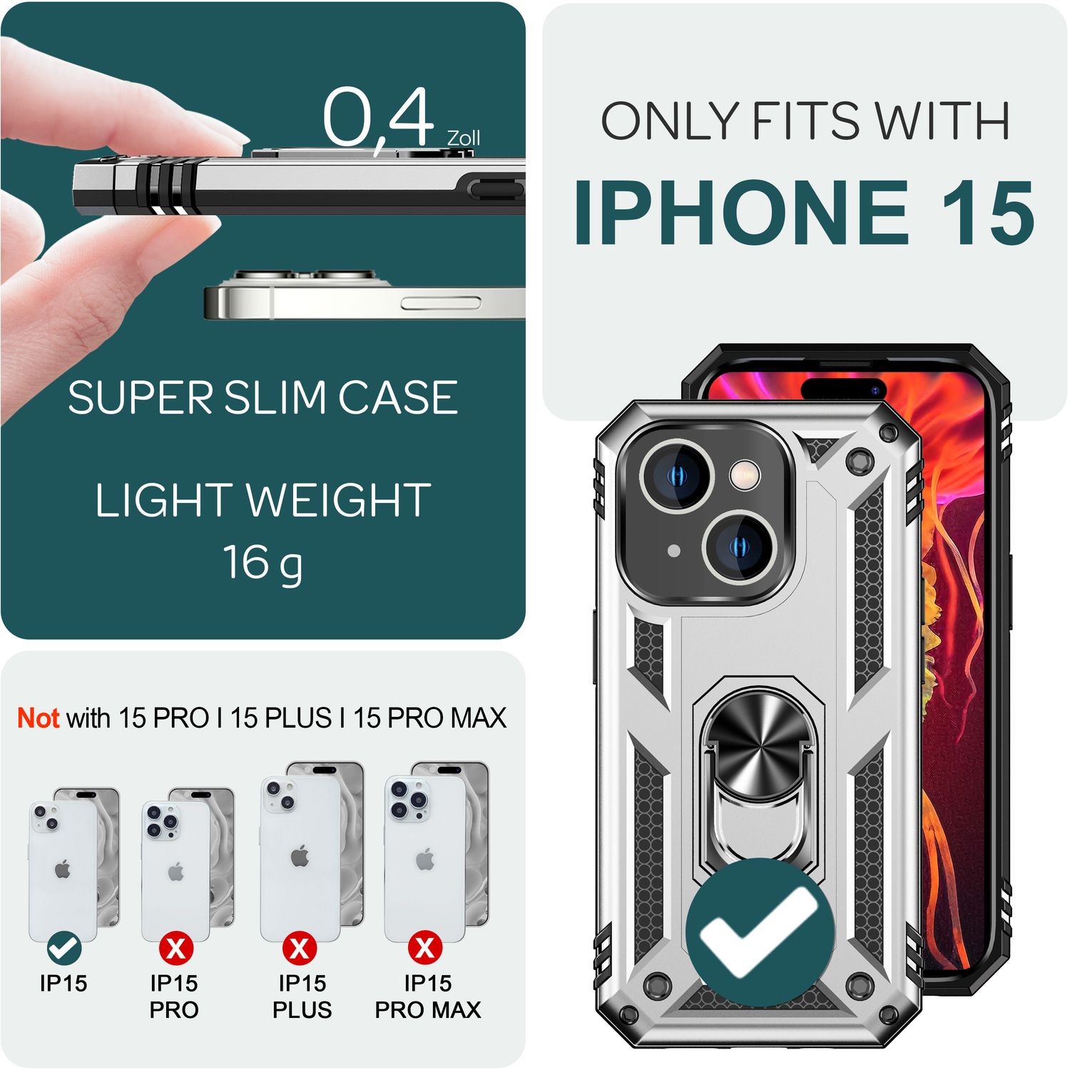 Panzer Hülle mit Ring für iPhone 15 Outdoor Handyhülle Hard Case Extrem Schutz Silber NALIA Protective Hülle