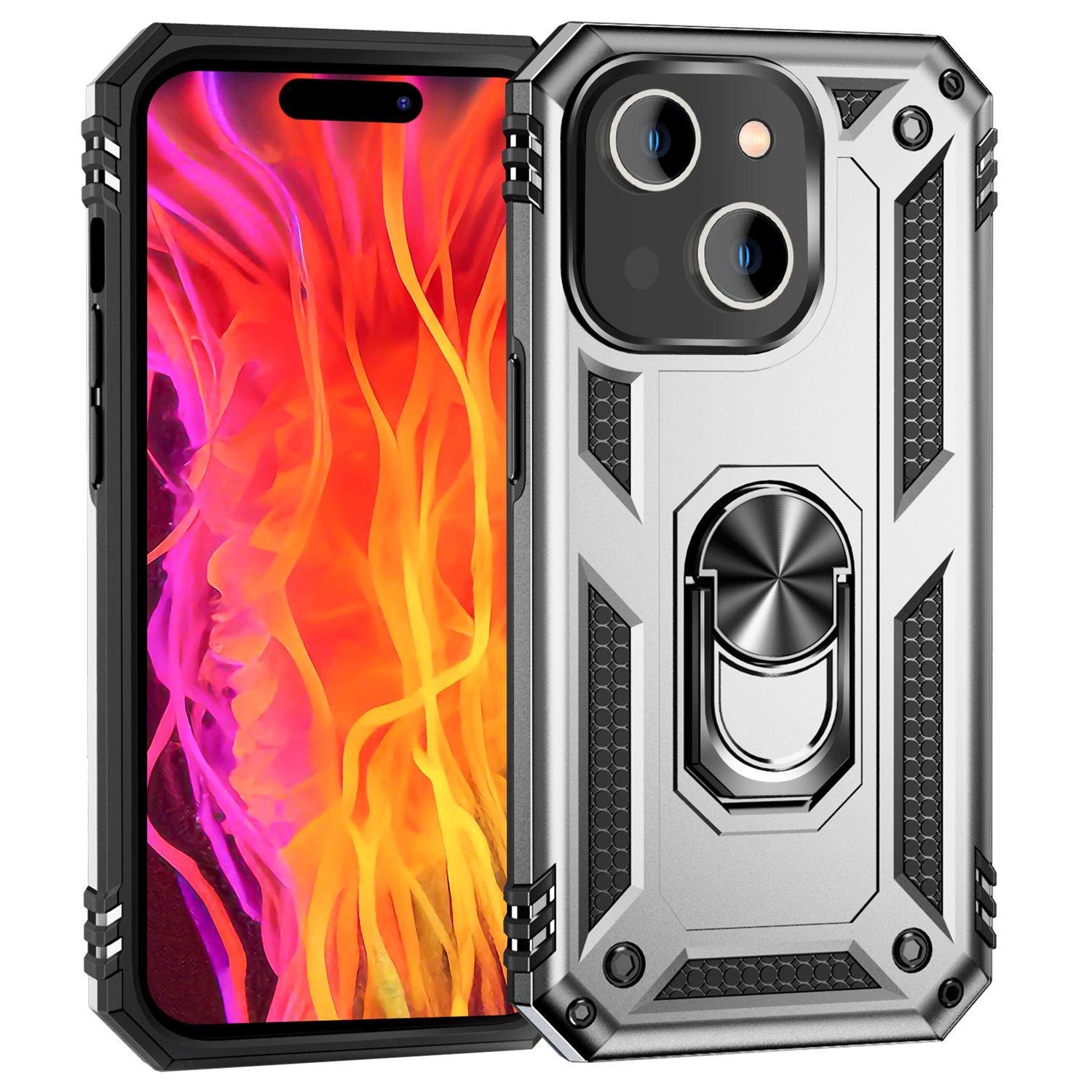 Panzer Hülle mit Ring für iPhone 15 Plus Outdoor Handyhülle Extrem Schutz Case Silber NALIA Protective Hülle