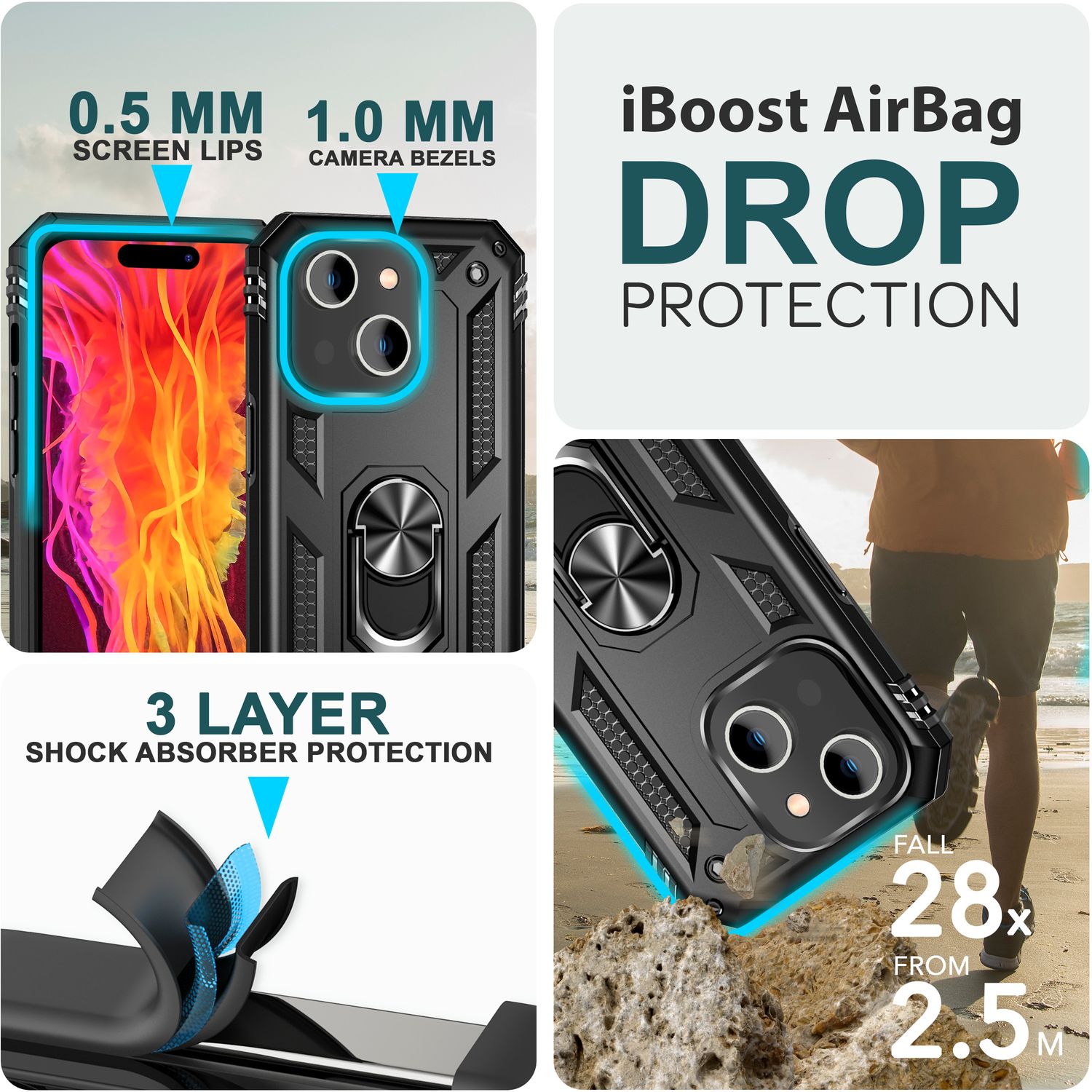 Panzer Hülle mit Ring für iPhone 15 Plus Outdoor Handyhülle Extrem Schutz Case Schwarz NALIA Protective Hülle