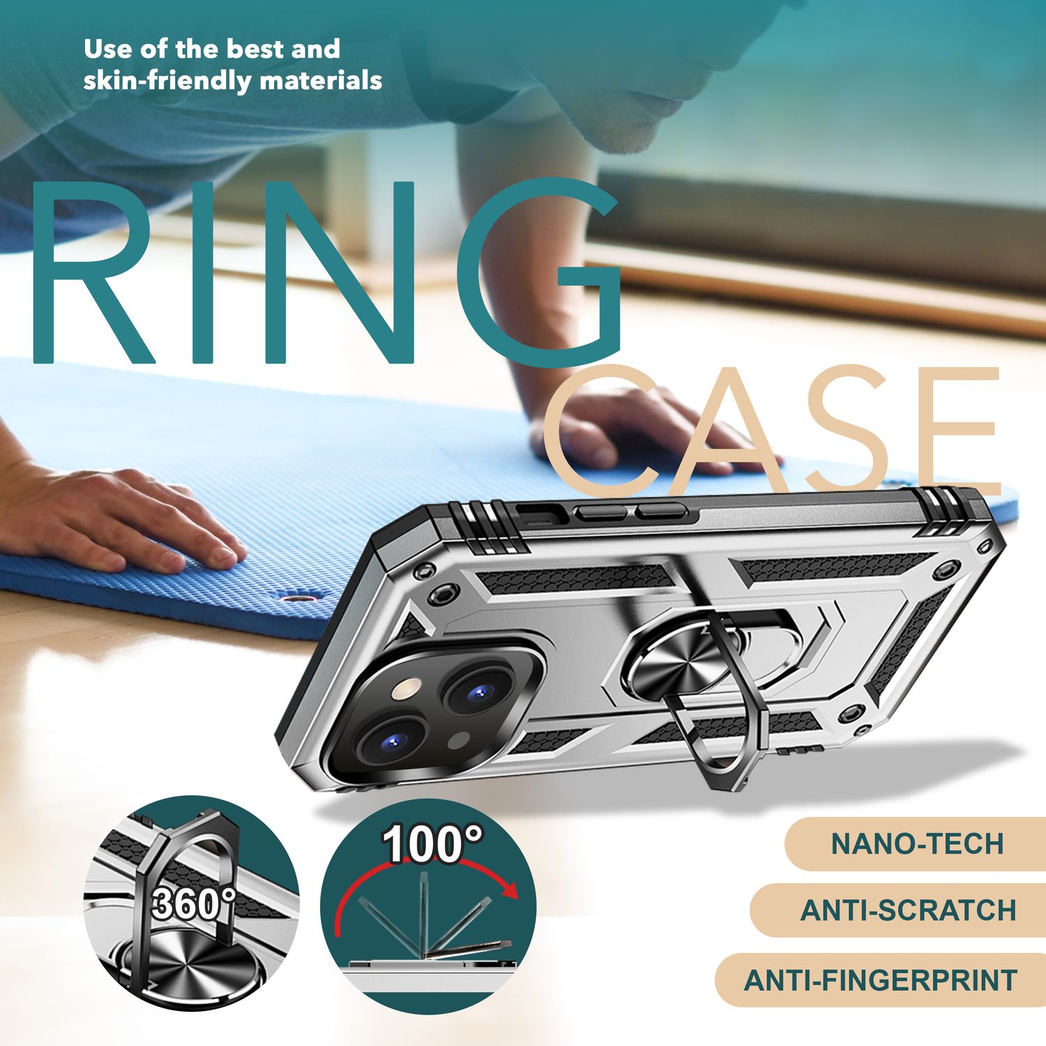 Panzer Hülle mit Ring für iPhone 15 Plus Outdoor Handyhülle Extrem Schutz Case Silber NALIA Protective Hülle