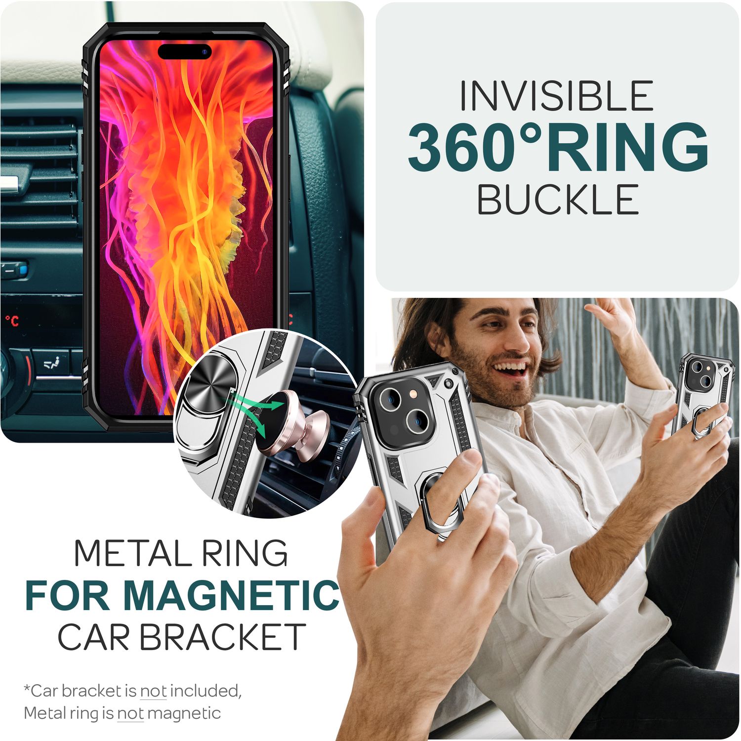 Panzer Hülle mit Ring für iPhone 15 Plus Outdoor Handyhülle Extrem Schutz Case Silber NALIA Protective Hülle