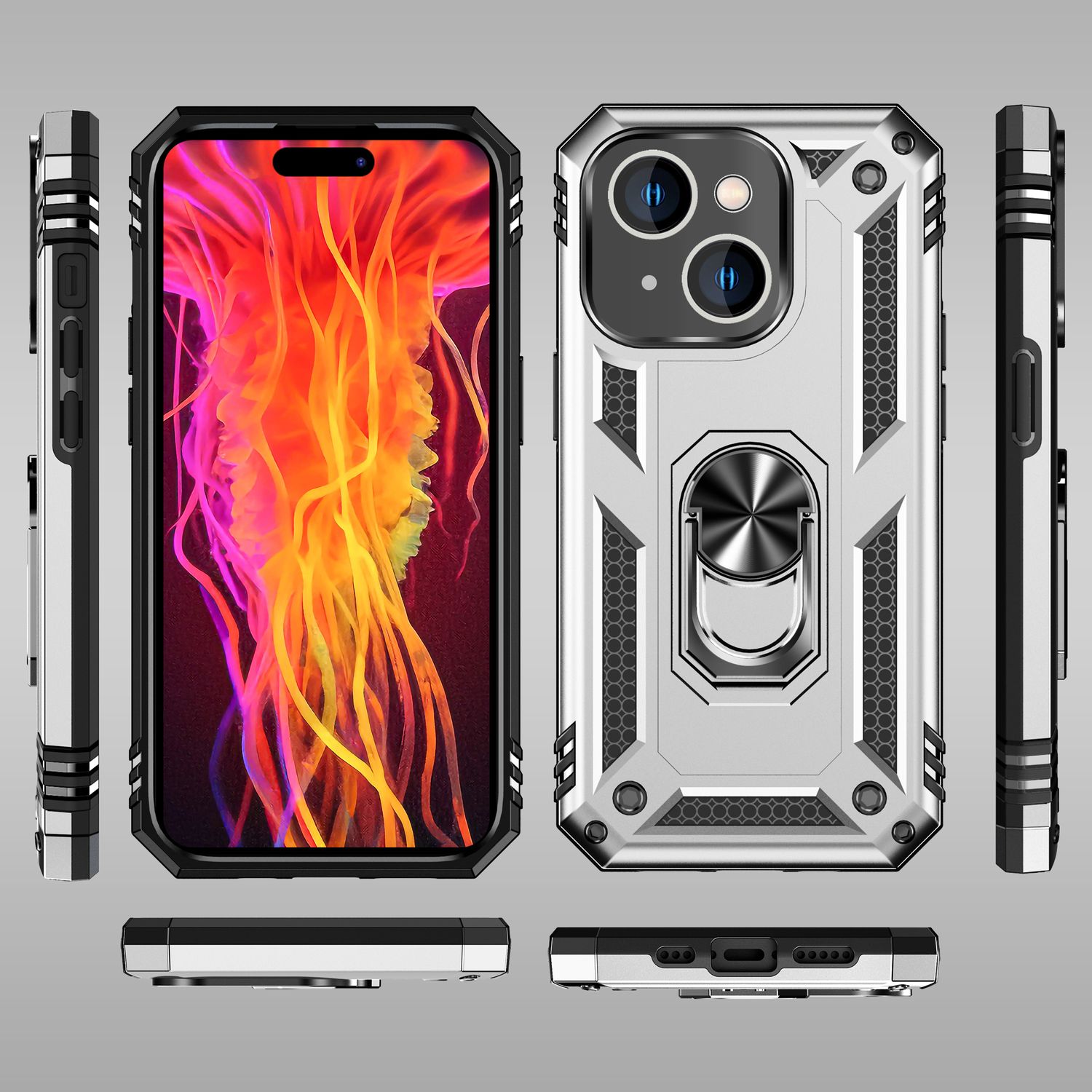 Panzer Hülle mit Ring für iPhone 15 Plus Outdoor Handyhülle Extrem Schutz Case Silber NALIA Protective Hülle