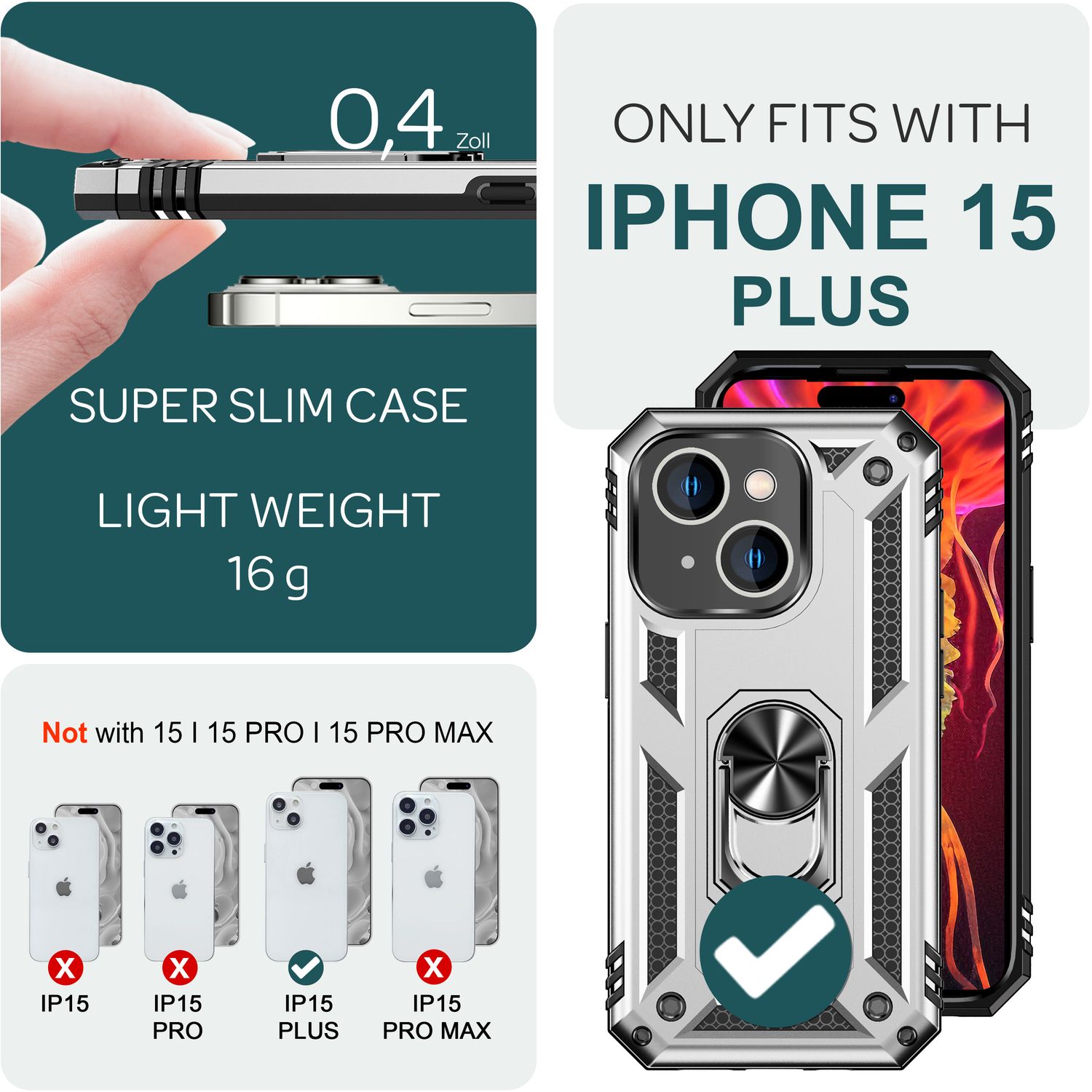 Panzer Hülle mit Ring für iPhone 15 Plus Outdoor Handyhülle Extrem Schutz Case Silber NALIA Protective Hülle