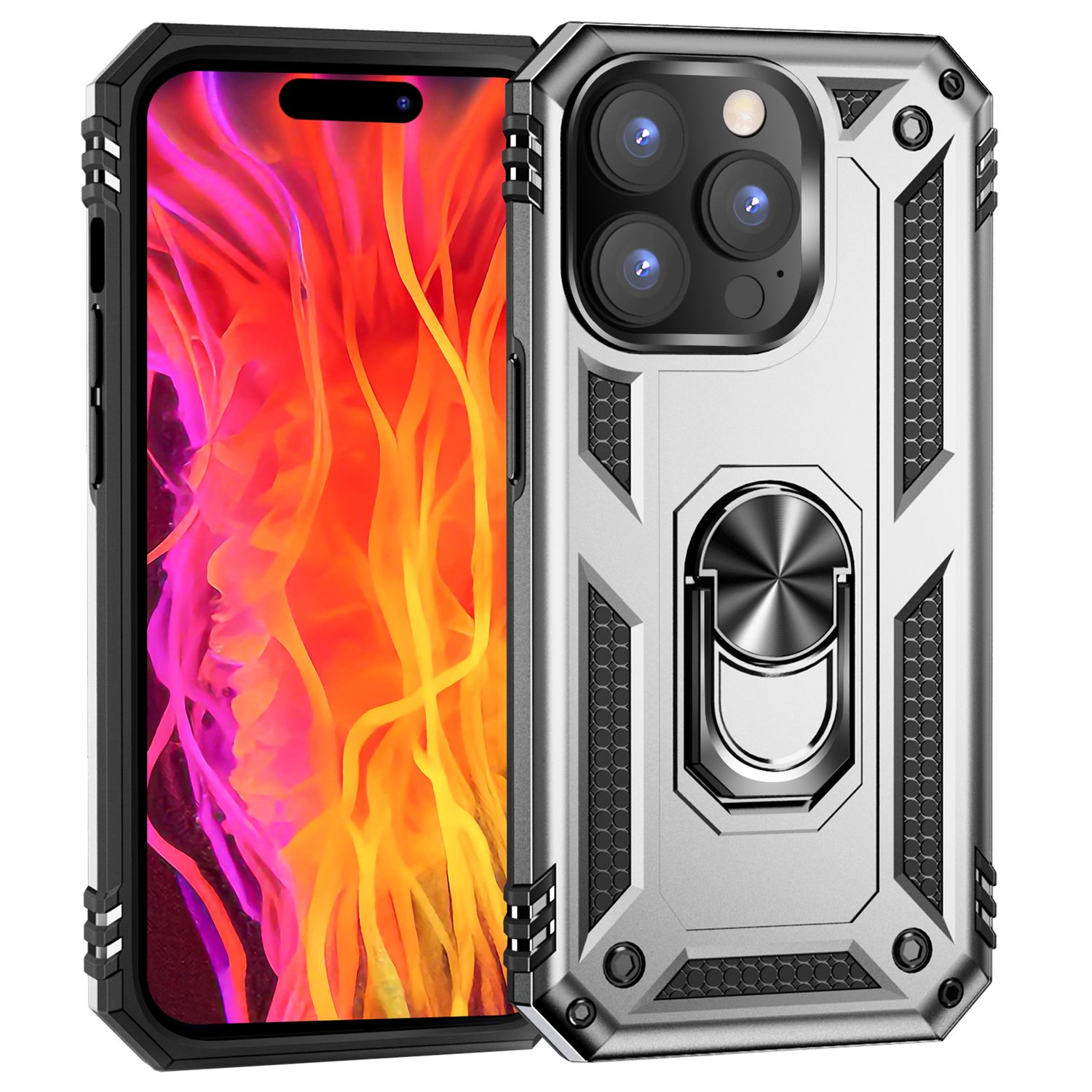 Panzer Hülle mit Ring für iPhone 15 Pro Outdoor Handyhülle Case Extrem Schutz Silber NALIA Protective Hülle