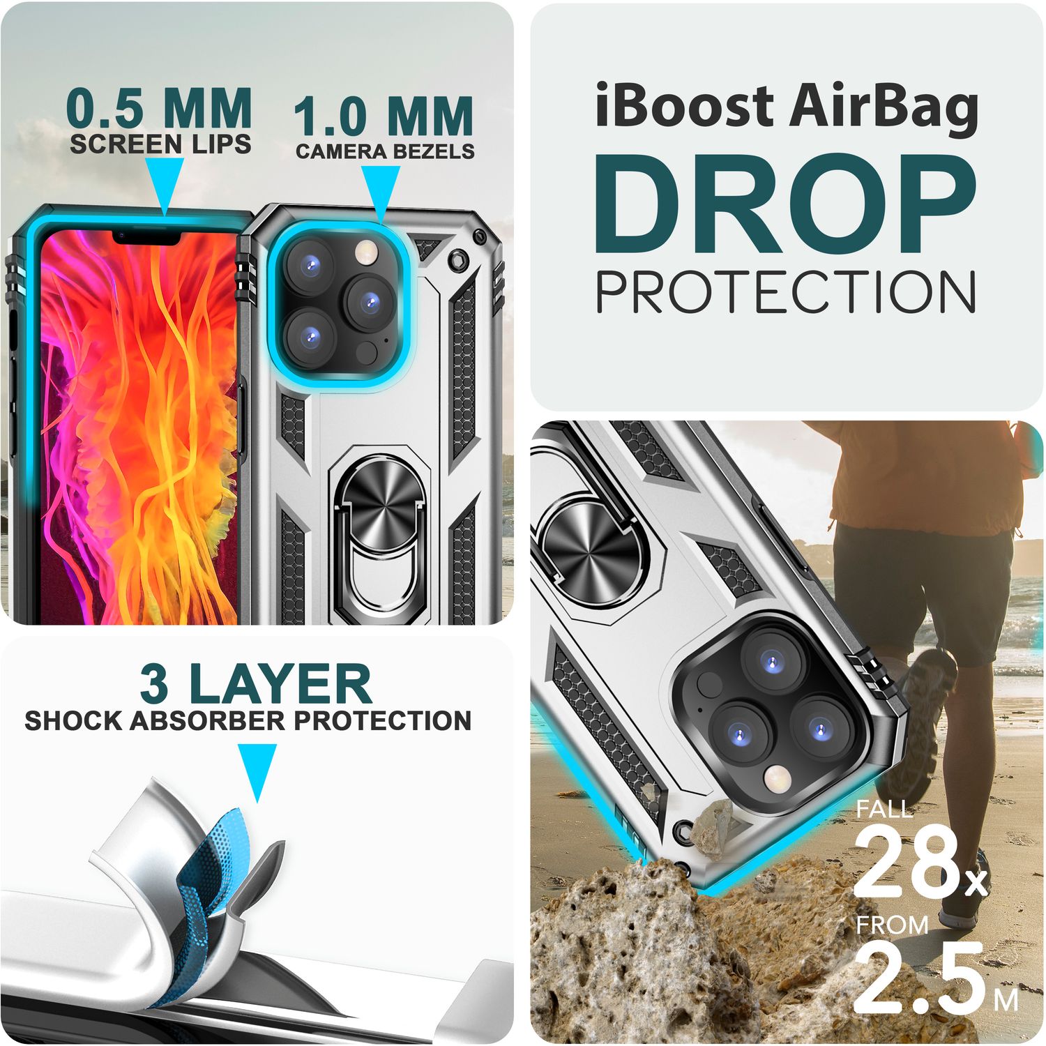 Panzer Hülle mit Ring für iPhone 15 Pro Outdoor Handyhülle Case Extrem Schutz Silber NALIA Protective Hülle