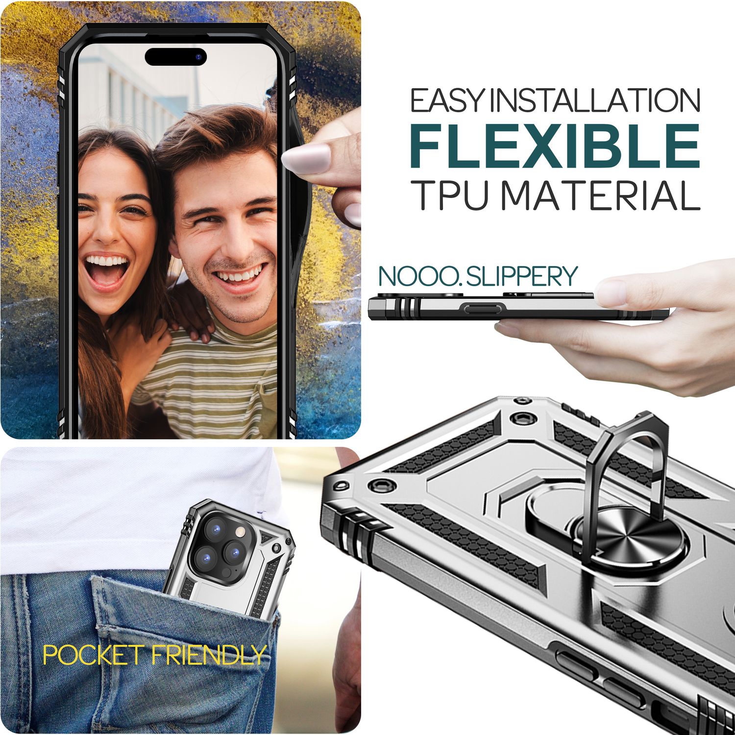 Panzer Hülle mit Ring für iPhone 15 Pro Outdoor Handyhülle Case Extrem Schutz Silber NALIA Protective Hülle