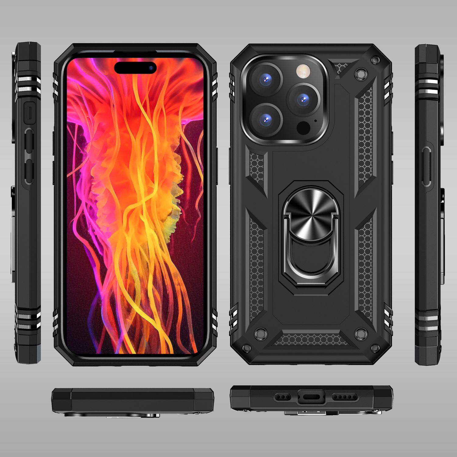 Panzer Hülle mit Ring für iPhone 15 Pro Outdoor Handyhülle Case Extrem Schutz Schwarz NALIA Protective Hülle