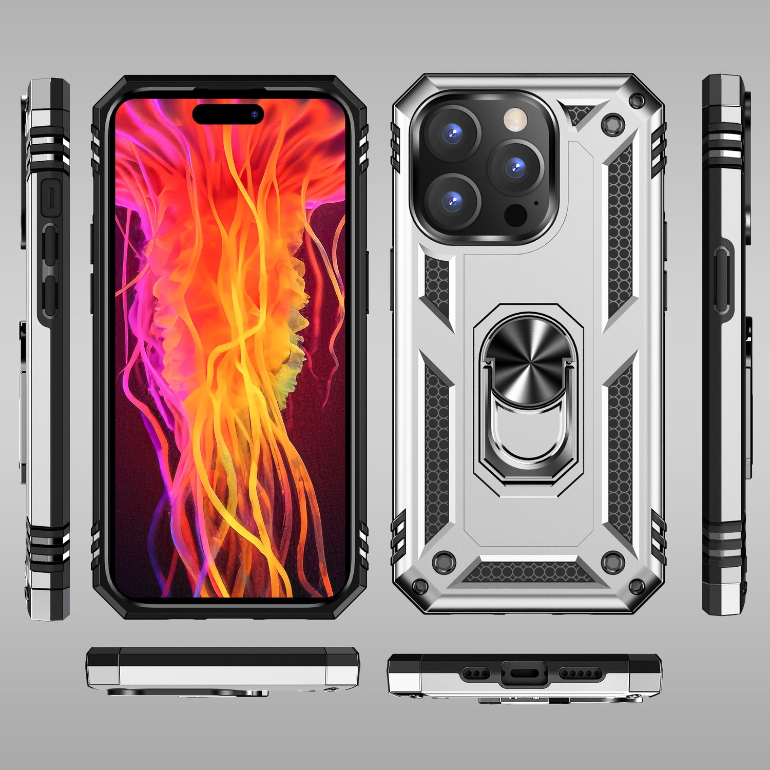Panzer Hülle mit Ring für iPhone 15 Pro Outdoor Handyhülle Case Extrem Schutz Silber NALIA Protective Hülle