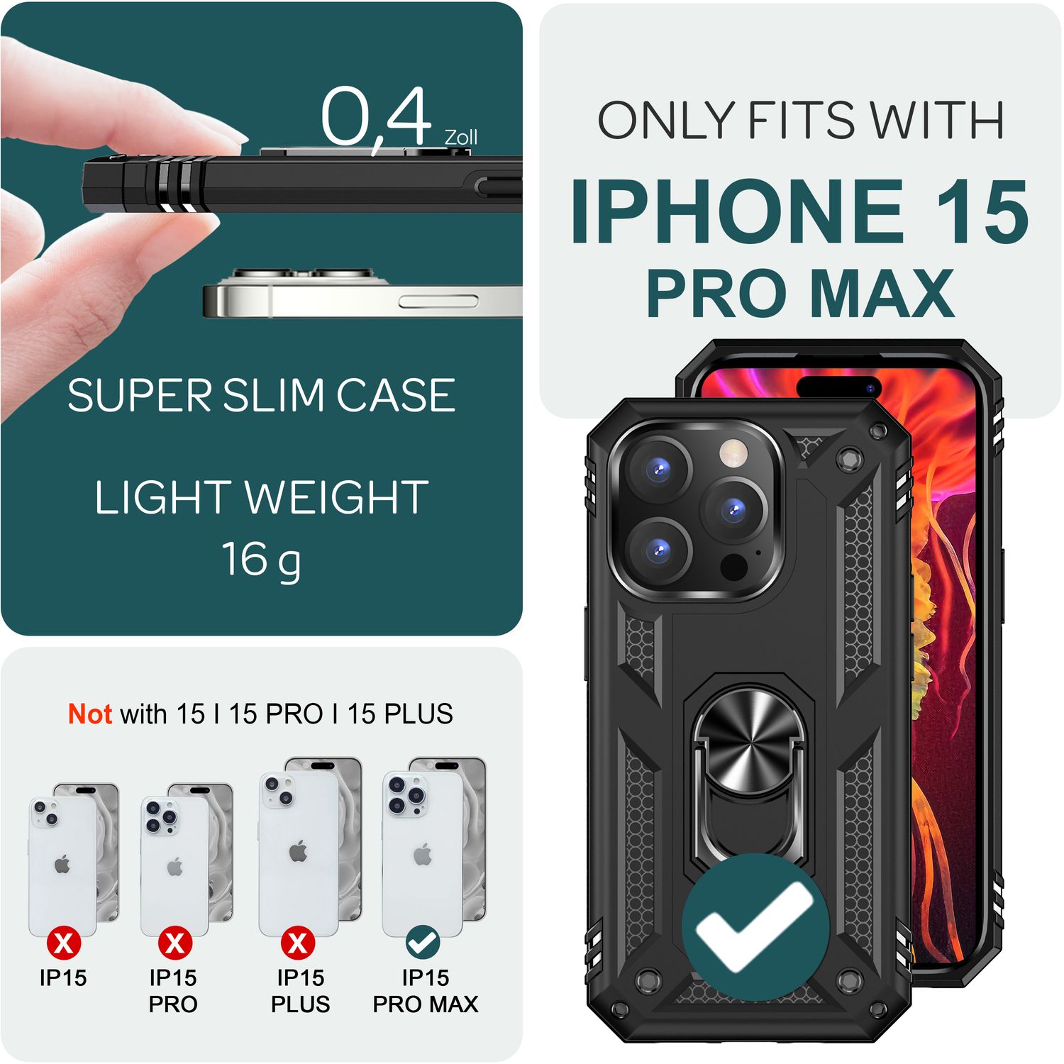 Panzer Hülle mit Ring für iPhone 15 Pro Max Outdoor Handyhülle Schutz Hard Case Schwarz NALIA Outdoor Hülle