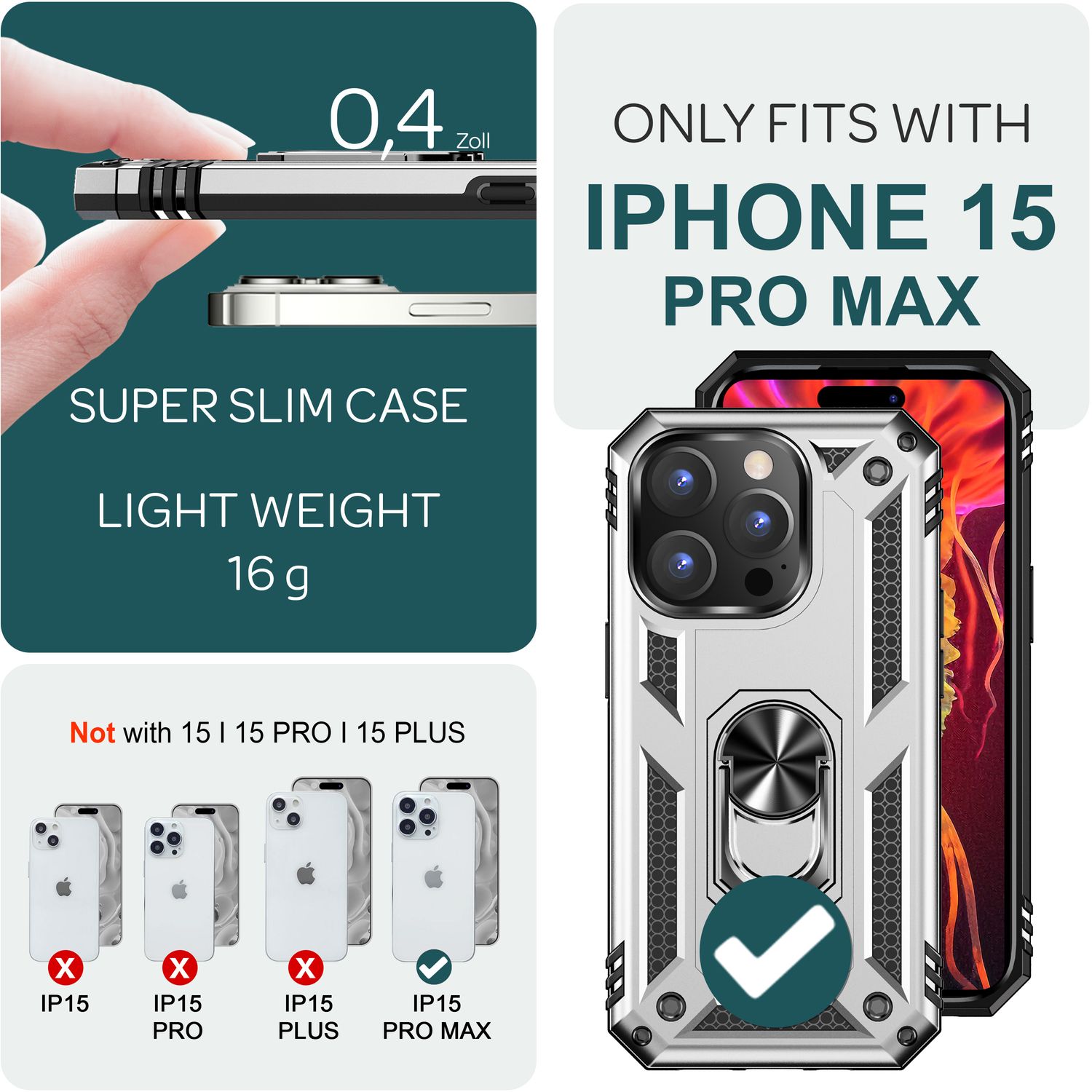 Panzer Hülle mit Ring für iPhone 15 Pro Max Outdoor Handyhülle Schutz Hard Case Silber NALIA Outdoor Hülle