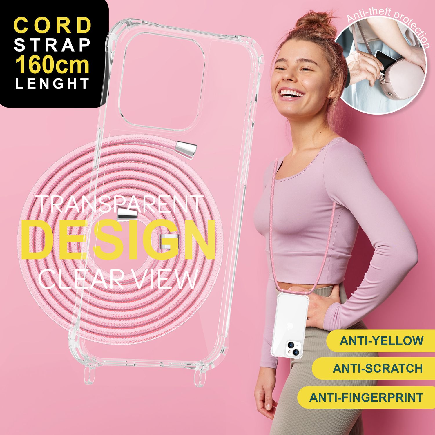 Hülle mit Band für iPhone 15 Handyhülle Umhängen Schutz Case Handy Kette Kordel Rosa NALIA Transparente Hülle