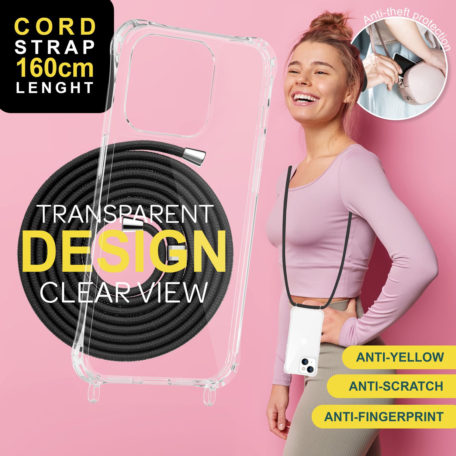 Hülle mit Band für iPhone 15 Handyhülle Umhängen Schutz Case Handy Kette Kordel Schwarz NALIA Transparente Hülle