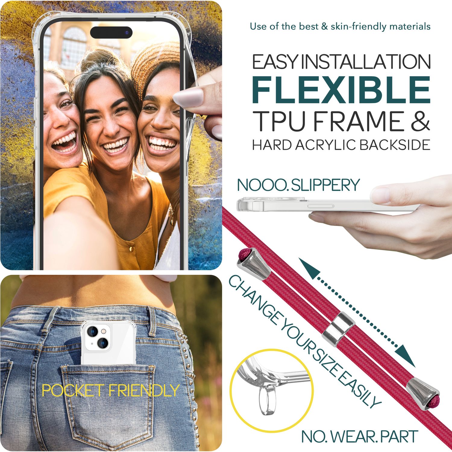 Hülle mit Band für iPhone 15 Handyhülle Umhängen Schutz Case Handy Kette Kordel Rot NALIA Transparente Hülle