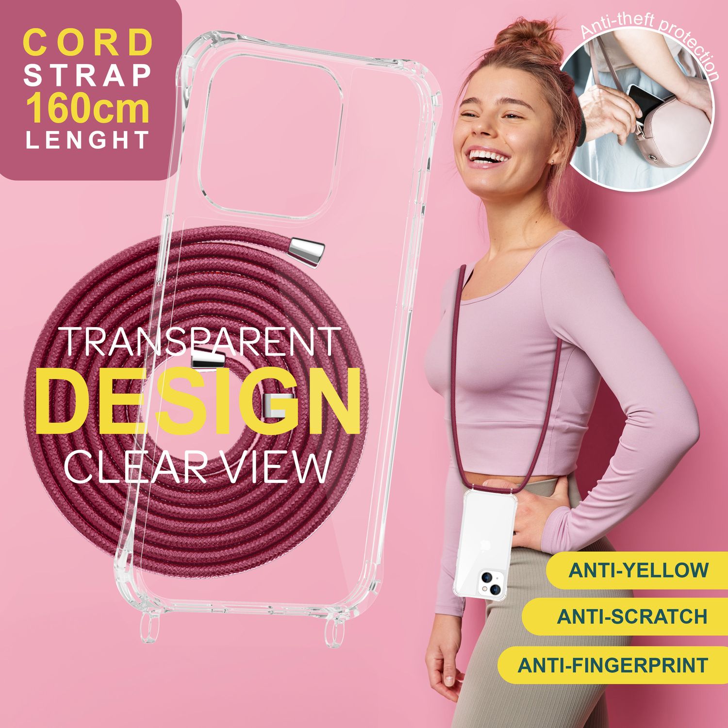 Hülle mit Band für iPhone 15 Plus Handyhülle Umhängen Handy Kette Kordel Case