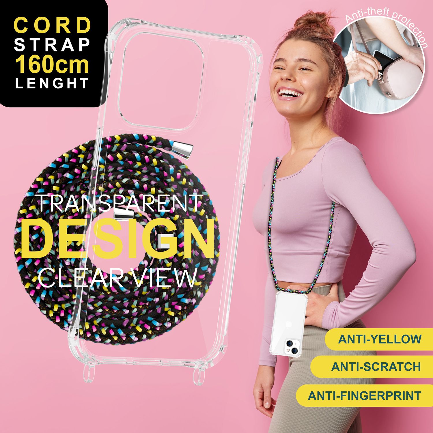 Hülle mit Band für iPhone 15 Plus Handyhülle Umhängen Handy Kette Kordel Case