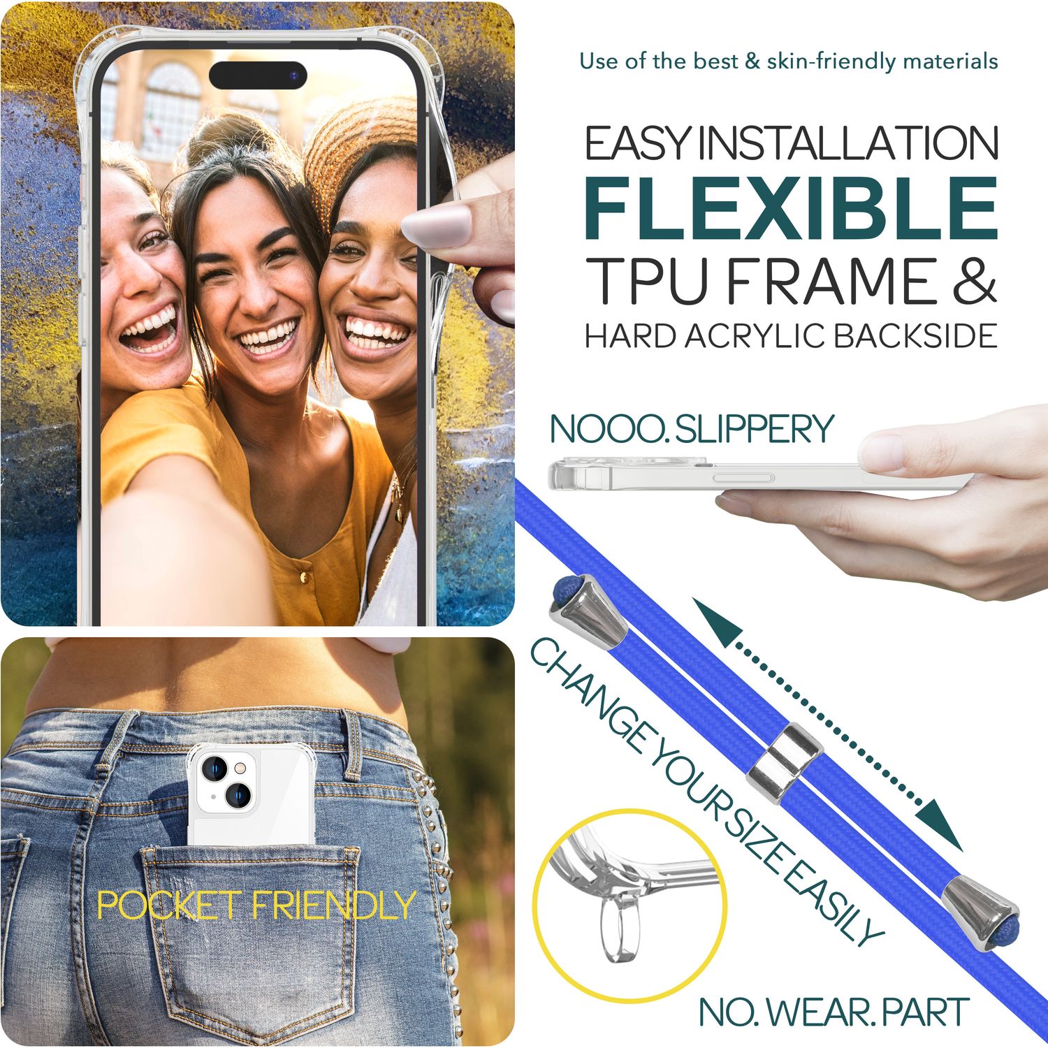 Hülle mit Band für iPhone 15 Plus Handyhülle Umhängen Handy Kette Kordel Case