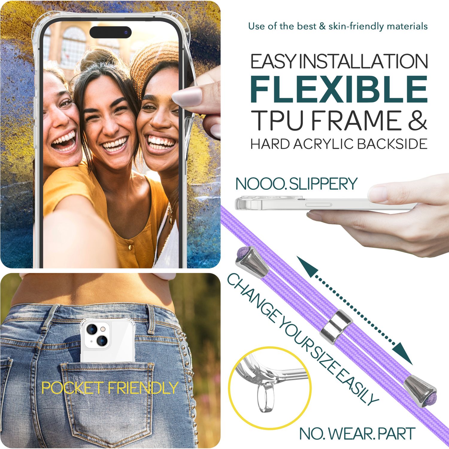 Hülle mit Band für iPhone 15 Plus Handyhülle Umhängen Handy Kette Kordel Case